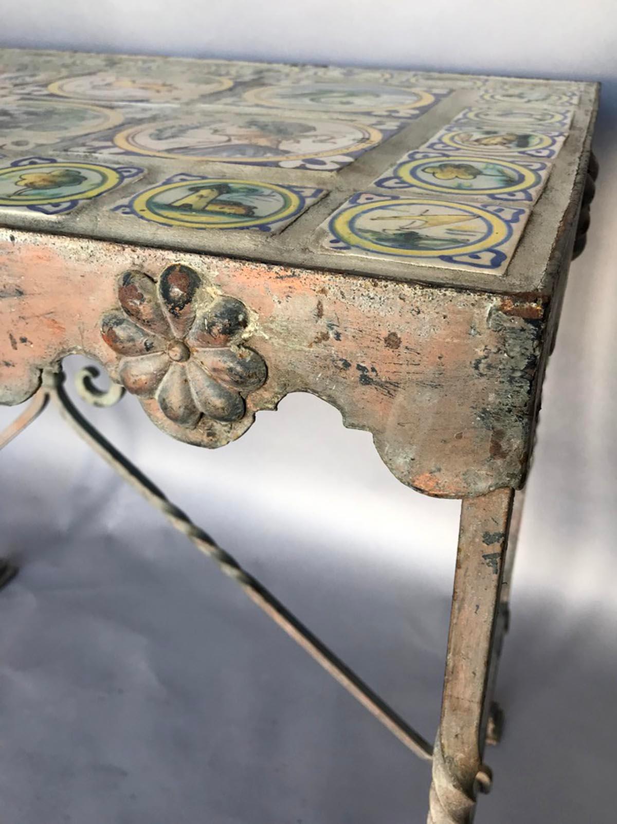 French Iron Garden Table with Glazed Tile Top