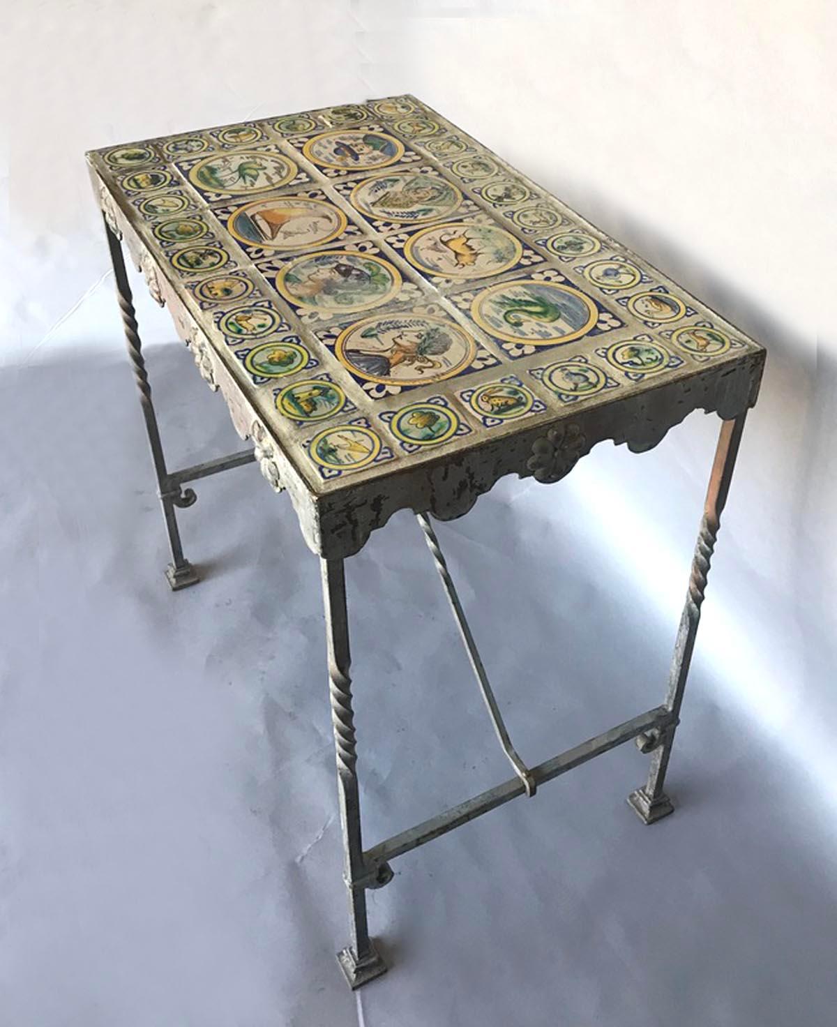 Iron Garden Table with Glazed Tile Top In Good Condition In Los Angeles, CA