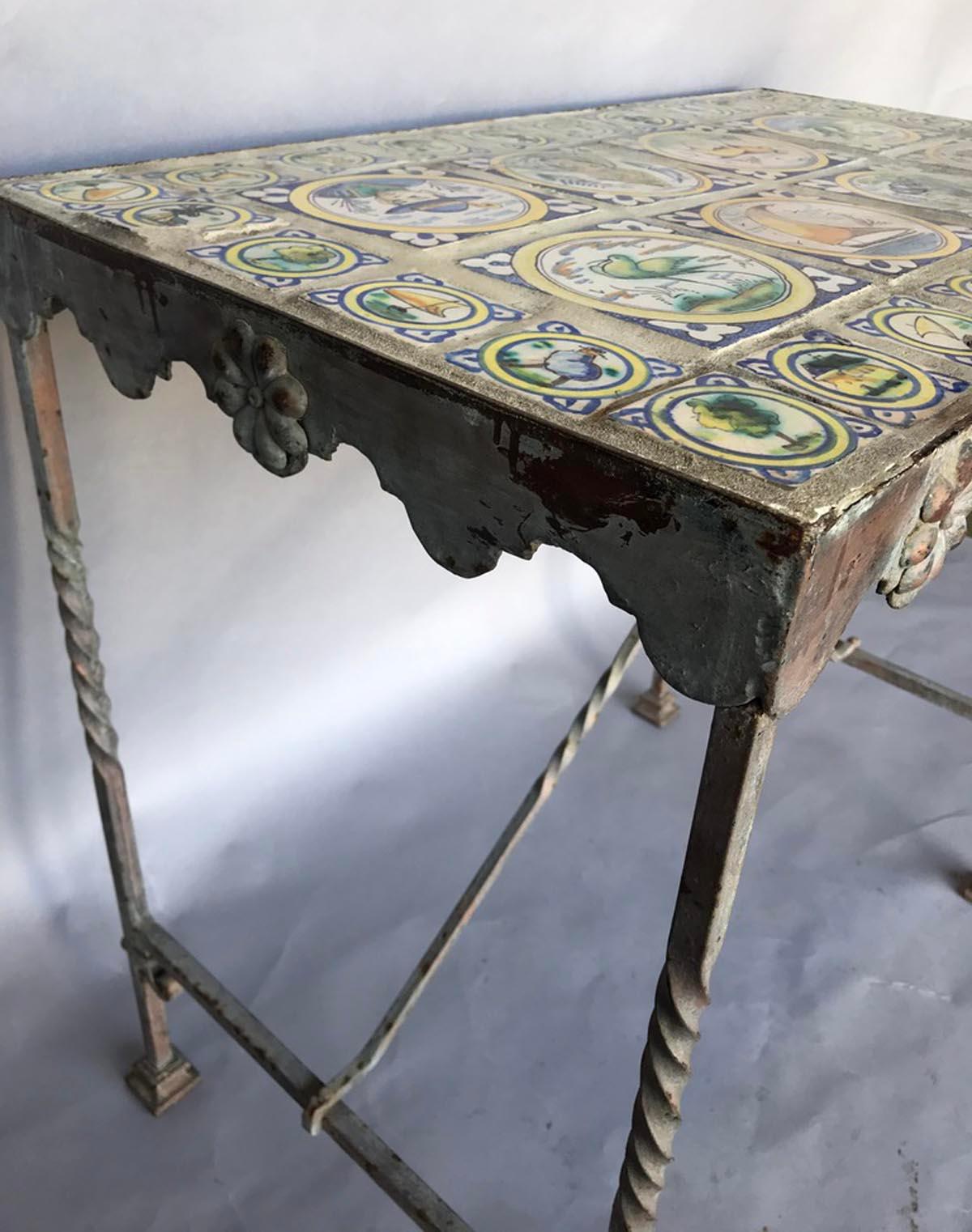 20th Century Iron Garden Table with Glazed Tile Top