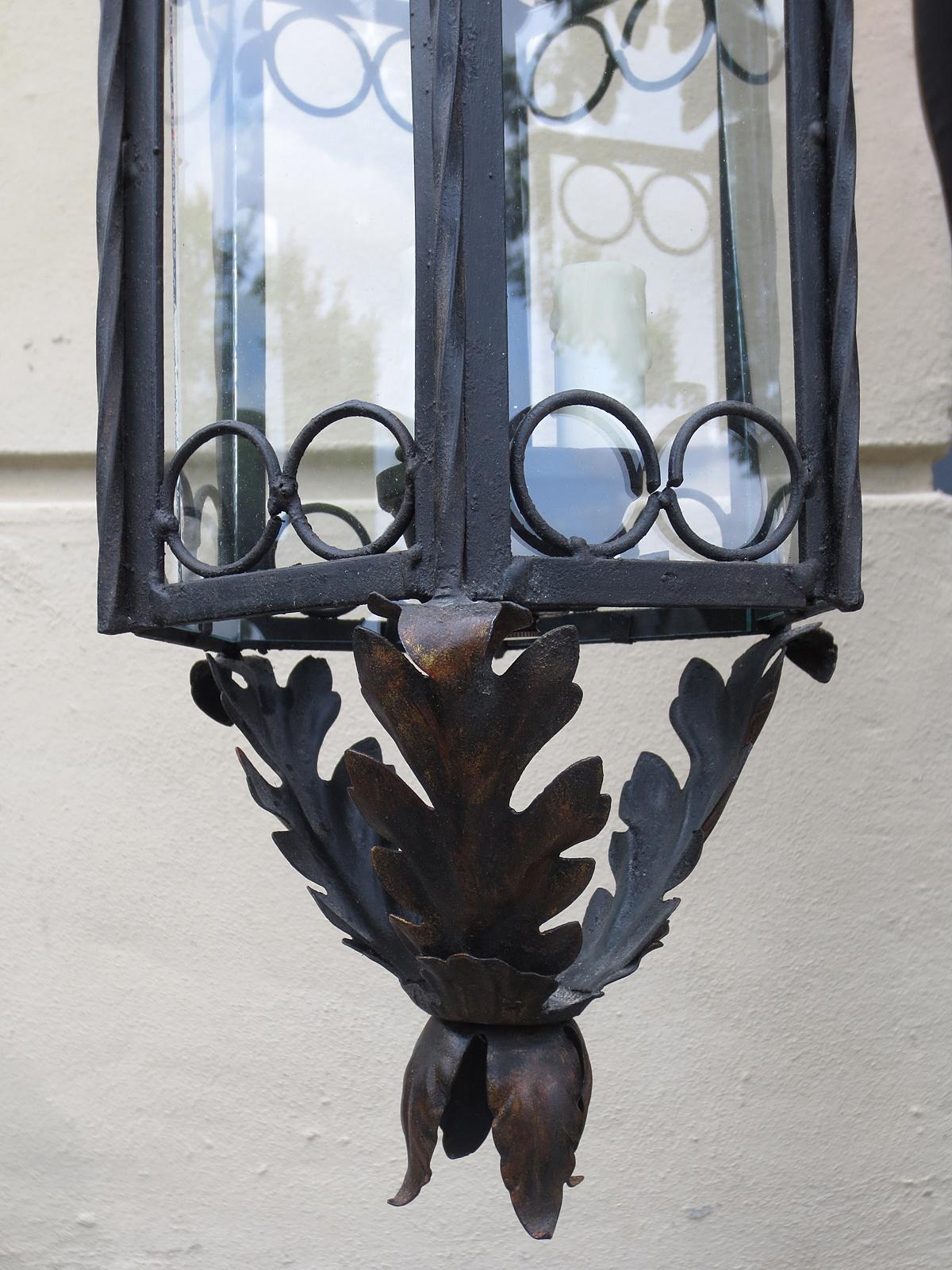 Iron & Glass Three-Light Lantern with Circle and Acanthus Leaf Motif, circa 1900 In Good Condition For Sale In Atlanta, GA