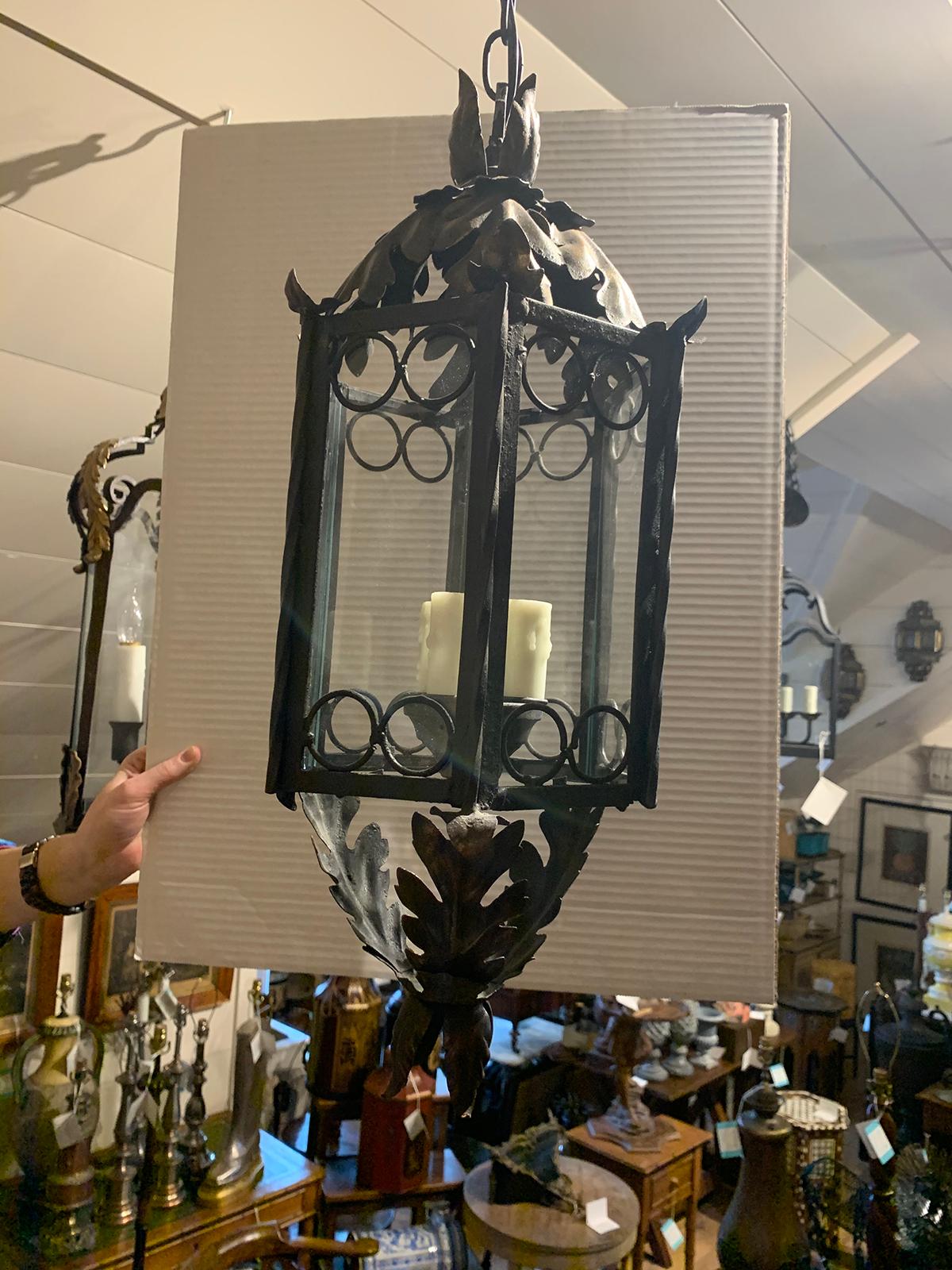 Iron & Glass Three-Light Lantern with Circle and Acanthus Leaf Motif, circa 1900 For Sale 1