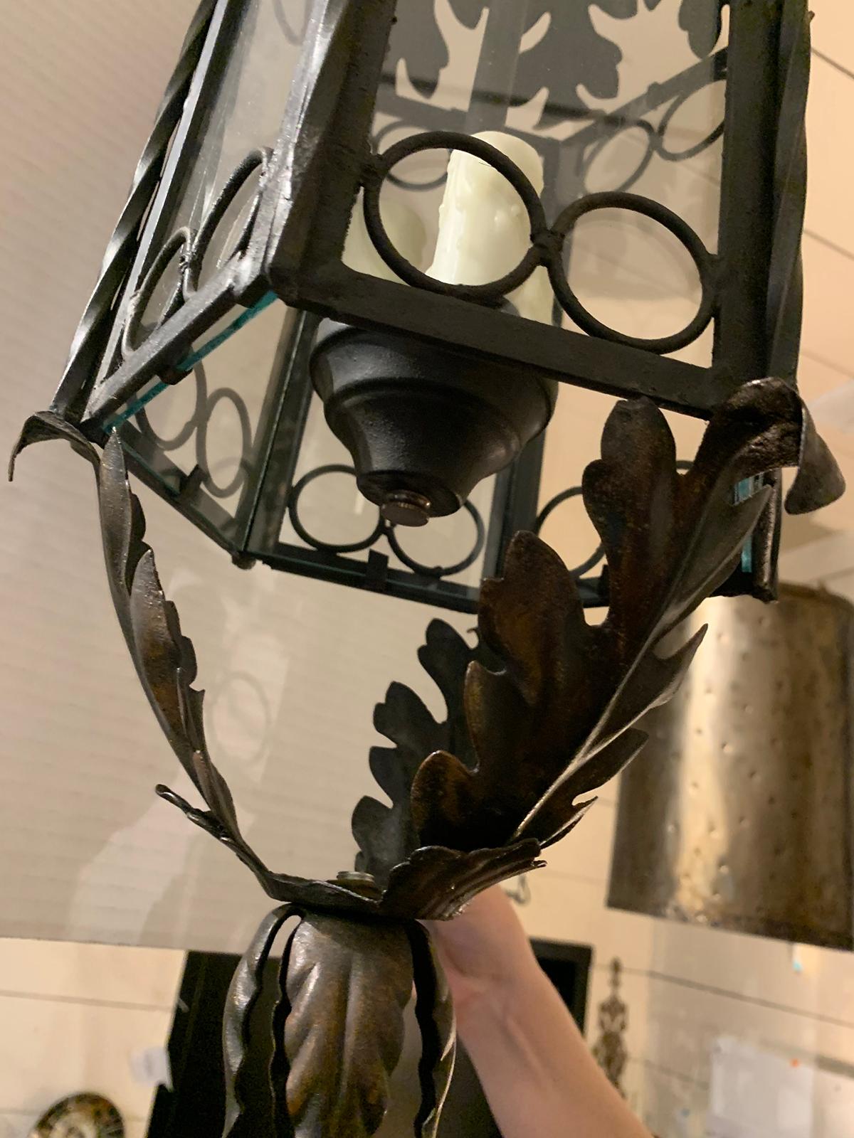 Iron & Glass Three-Light Lantern with Circle and Acanthus Leaf Motif, circa 1900 For Sale 4