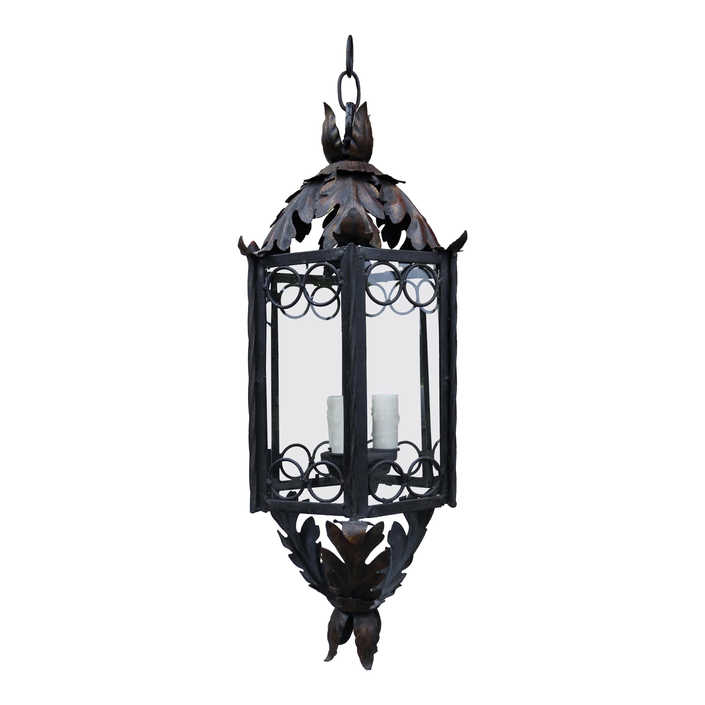 Iron & Glass Three-Light Lantern with Circle and Acanthus Leaf Motif, circa 1900 For Sale