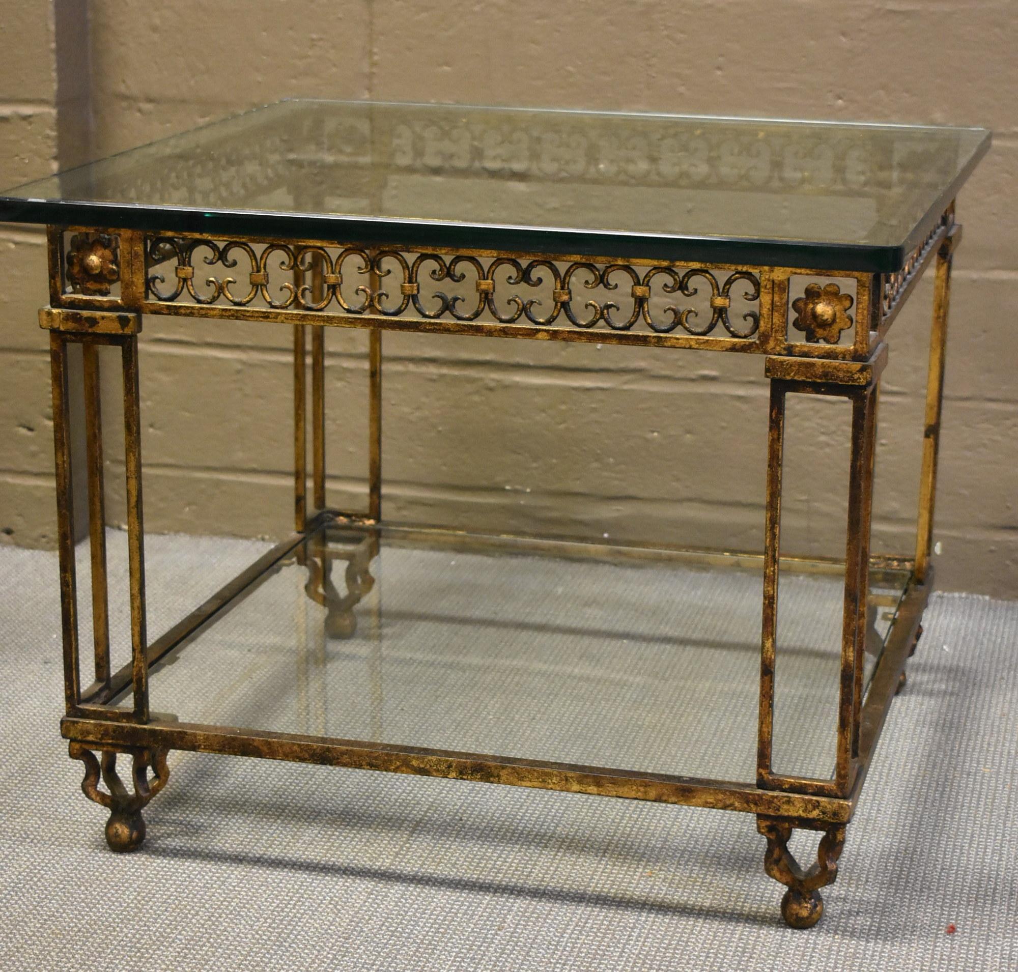 Vintage circa 1940s iron and glass top table with bottom shelf. Antique gold original finish. Green 3/4