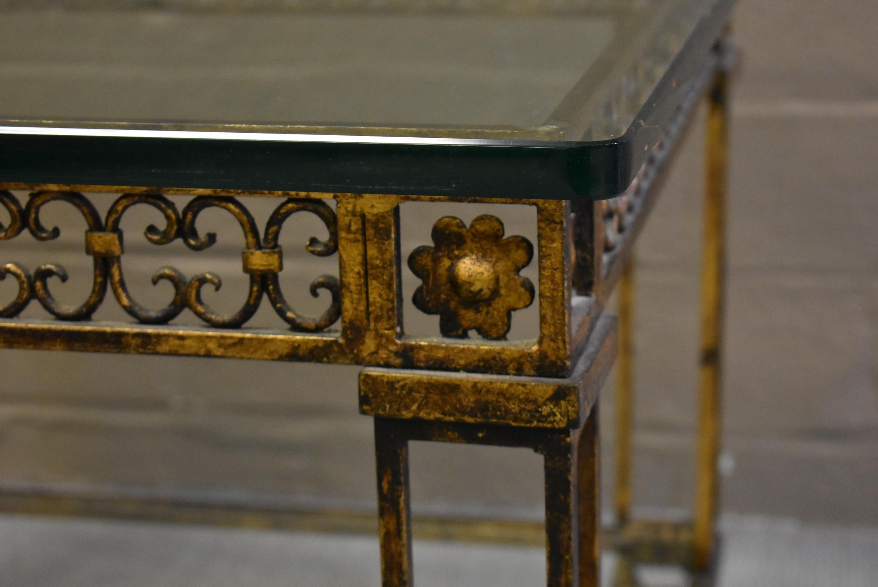 Welded Iron and Glass Top Antique Gold Neoclassical Table with Bottom Shelf For Sale