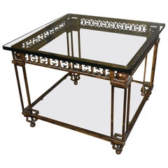 Iron and Glass Top Vintage Gold Neoclassical Table with Bottom Shelf