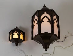 Iron Gothic Arch Paul Ferrante Wall Lanterns w/ Milk Glass Panels 'Pair'