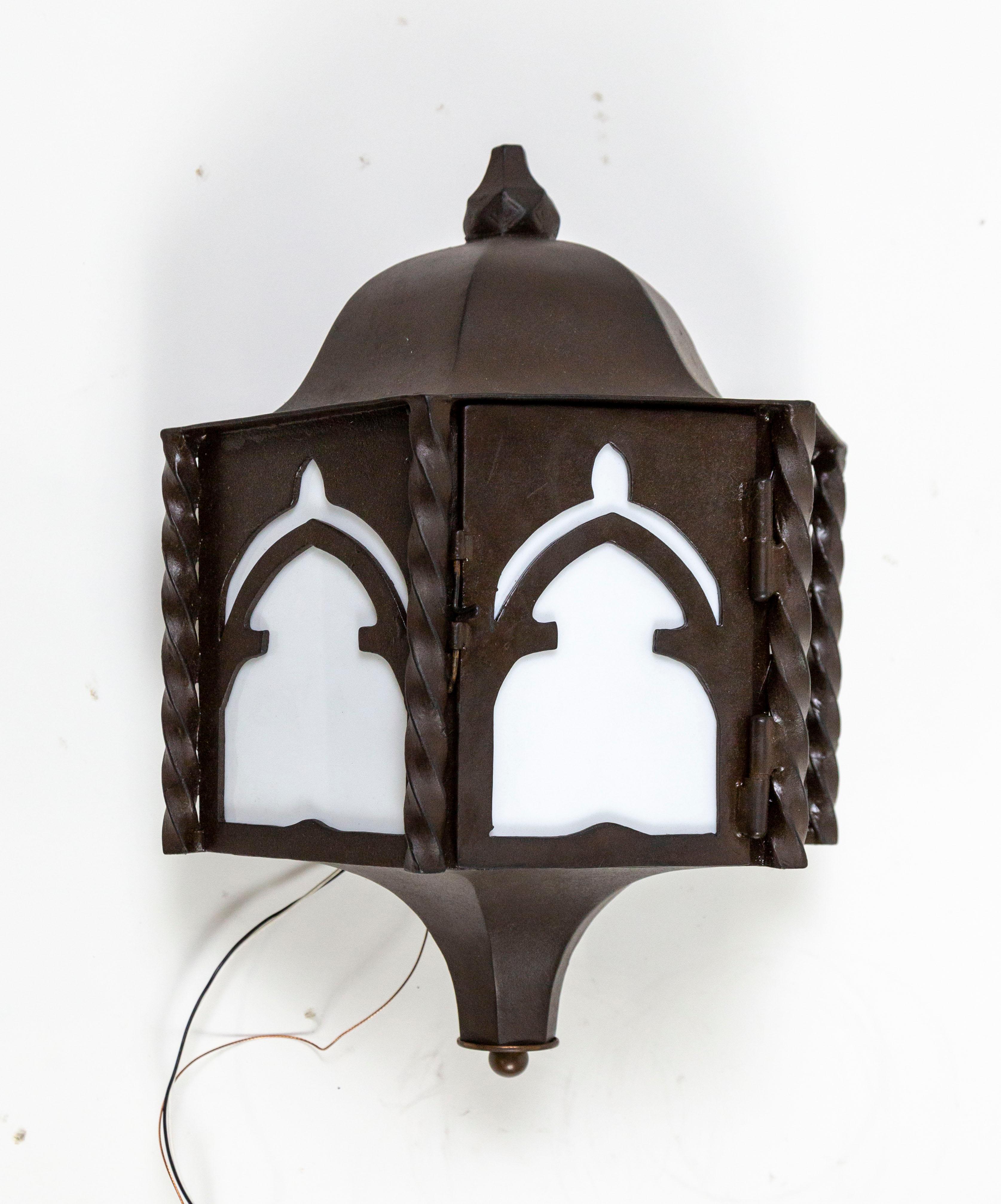 Iron Gothic Arch Paul Ferrante Wall Lanterns w/ Milk Glass Panels 'Pair' In Good Condition For Sale In San Francisco, CA