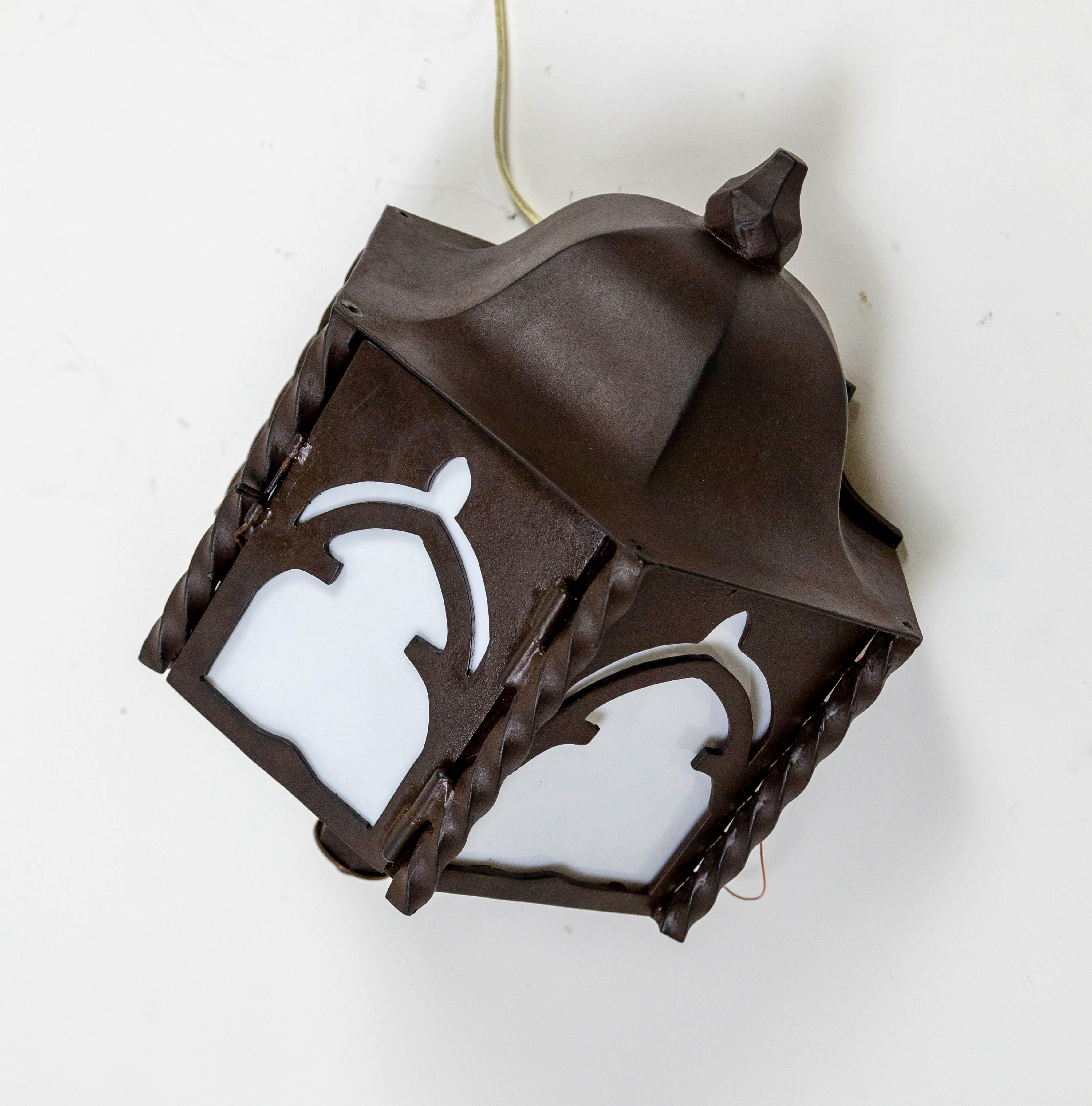 Brass Iron Gothic Arch Paul Ferrante Wall Lanterns w/ Milk Glass Panels 'Pair'