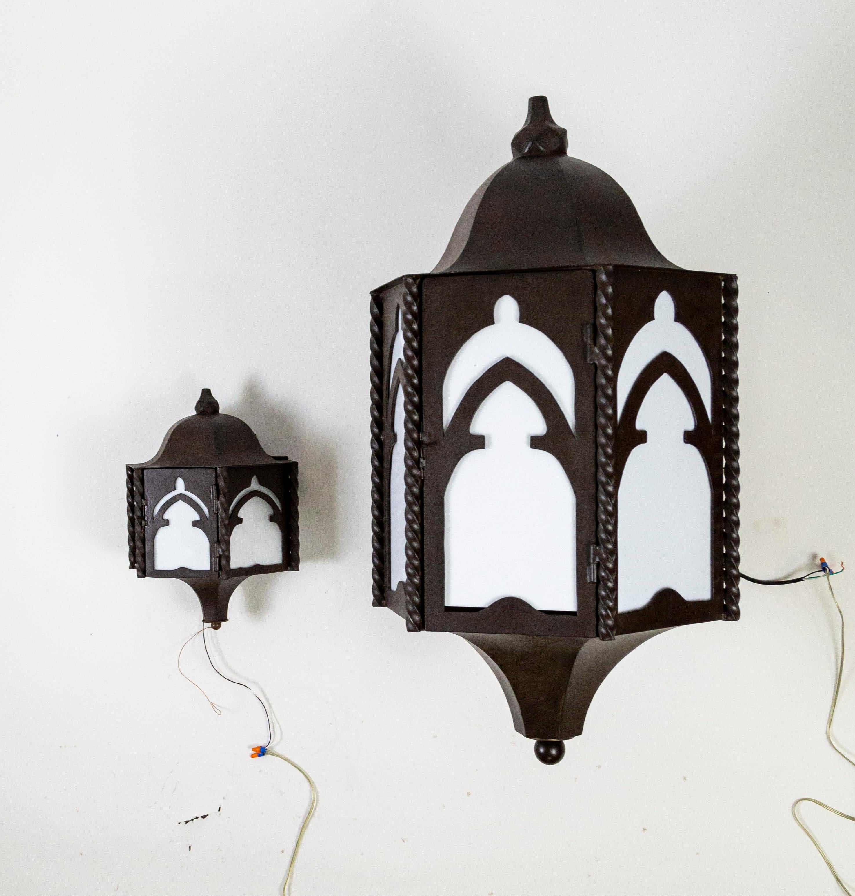 Iron Gothic Arch Paul Ferrante Wall Lanterns w/ Milk Glass Panels 'Pair' For Sale 3