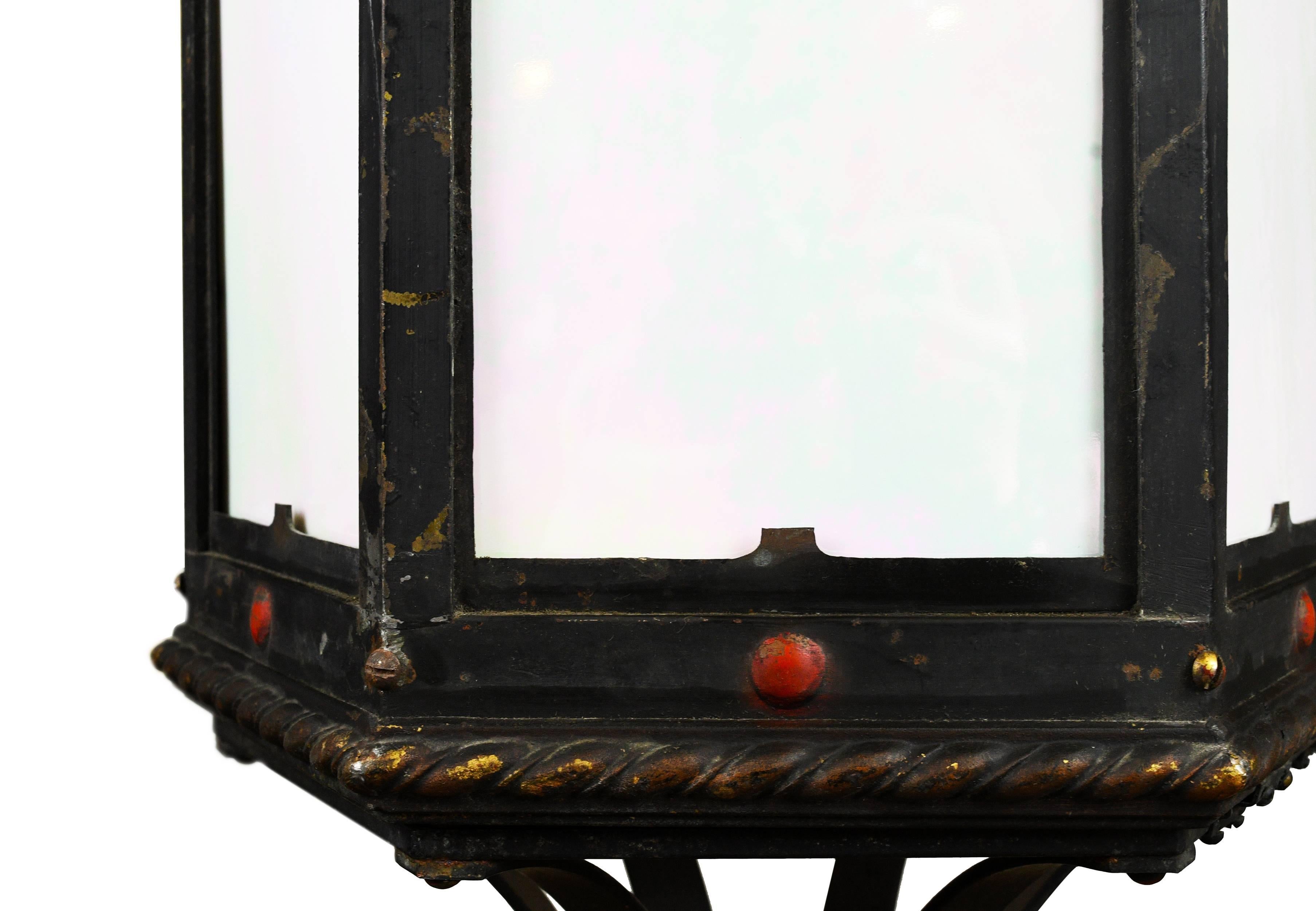 Iron Gothic Lantern Pendant with Iridescent Glass 2