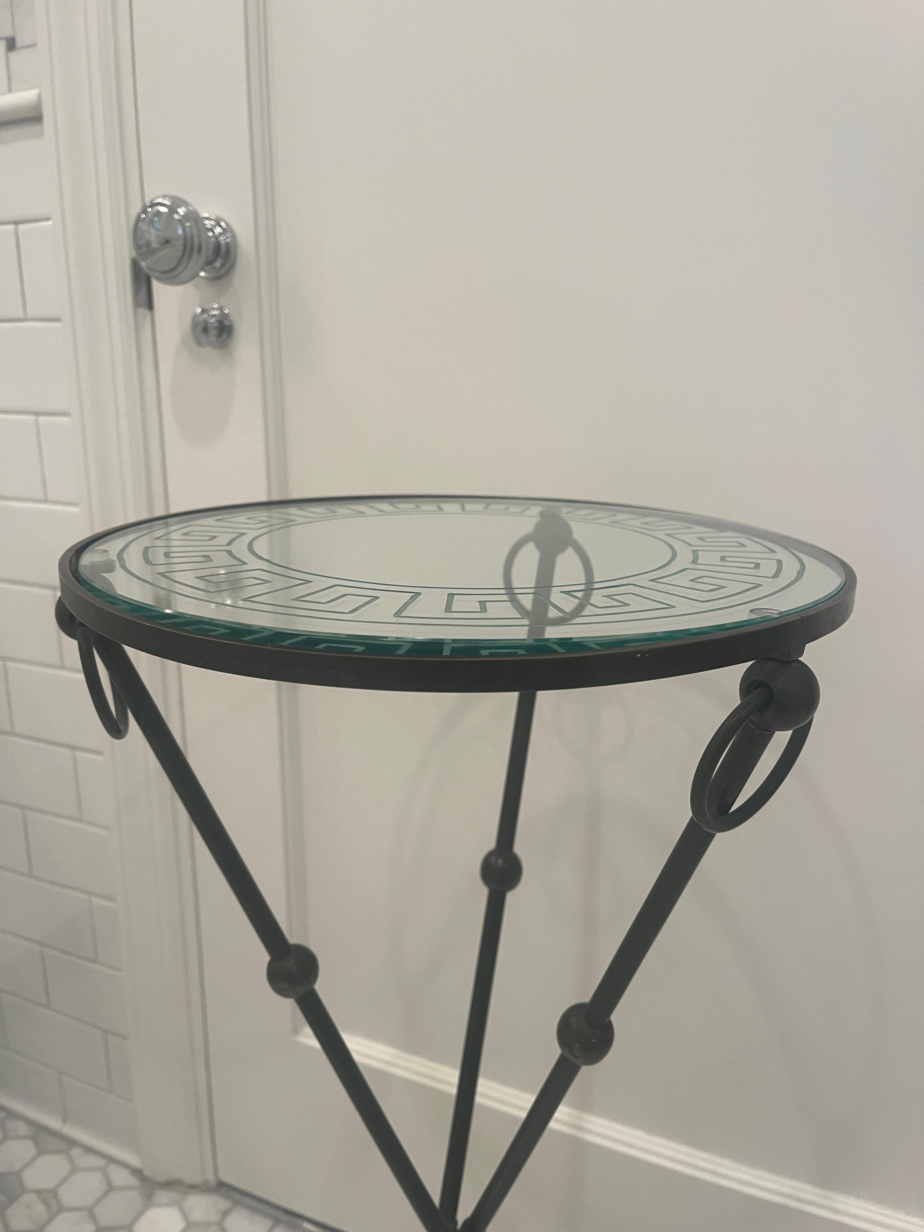 Iron Gueridon Table with Glass Top Etched with Greek Key Motif, c. 1930 For Sale 1