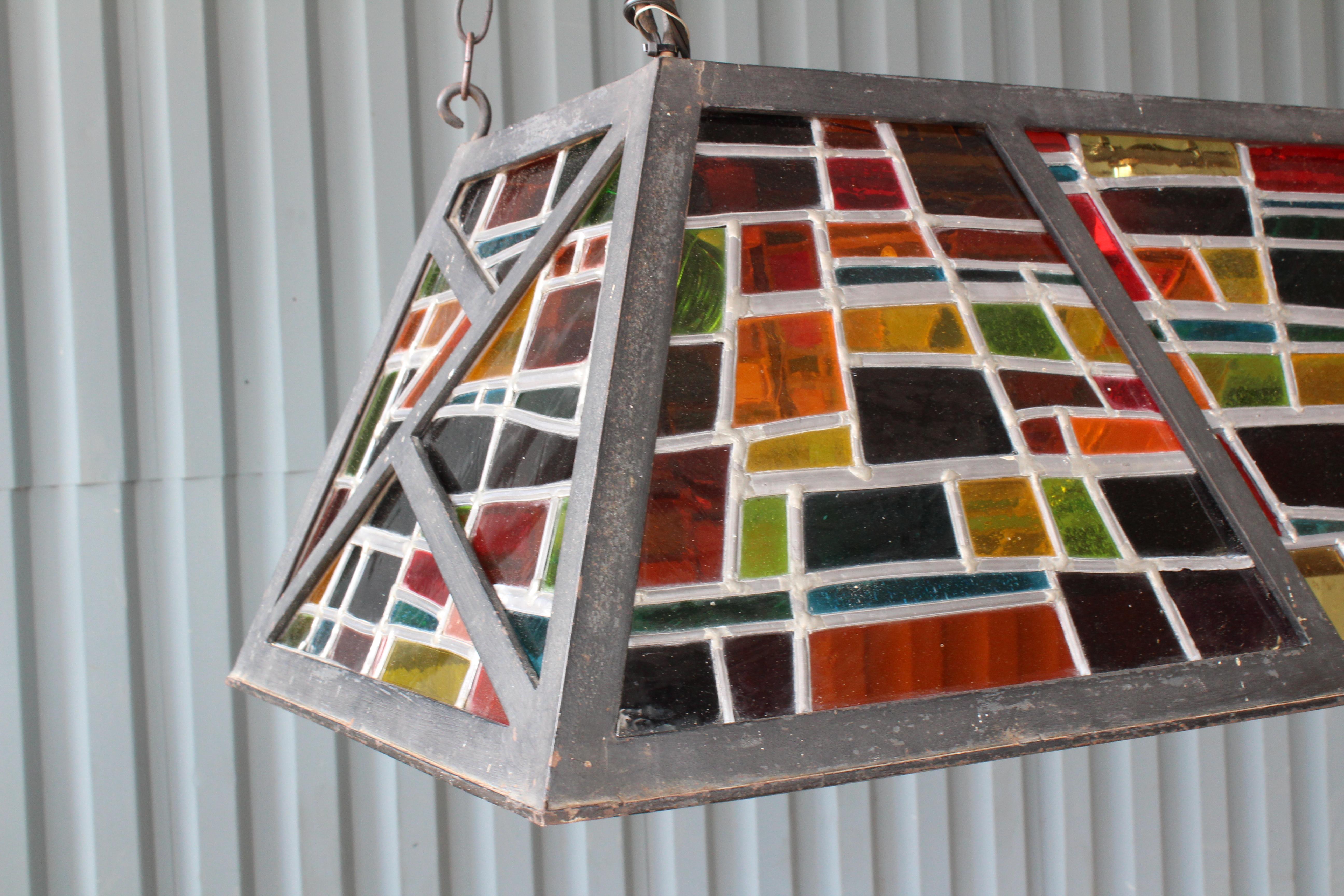 French Iron Hanging Billiard Light with Stained Glass Panels, France, 1960s