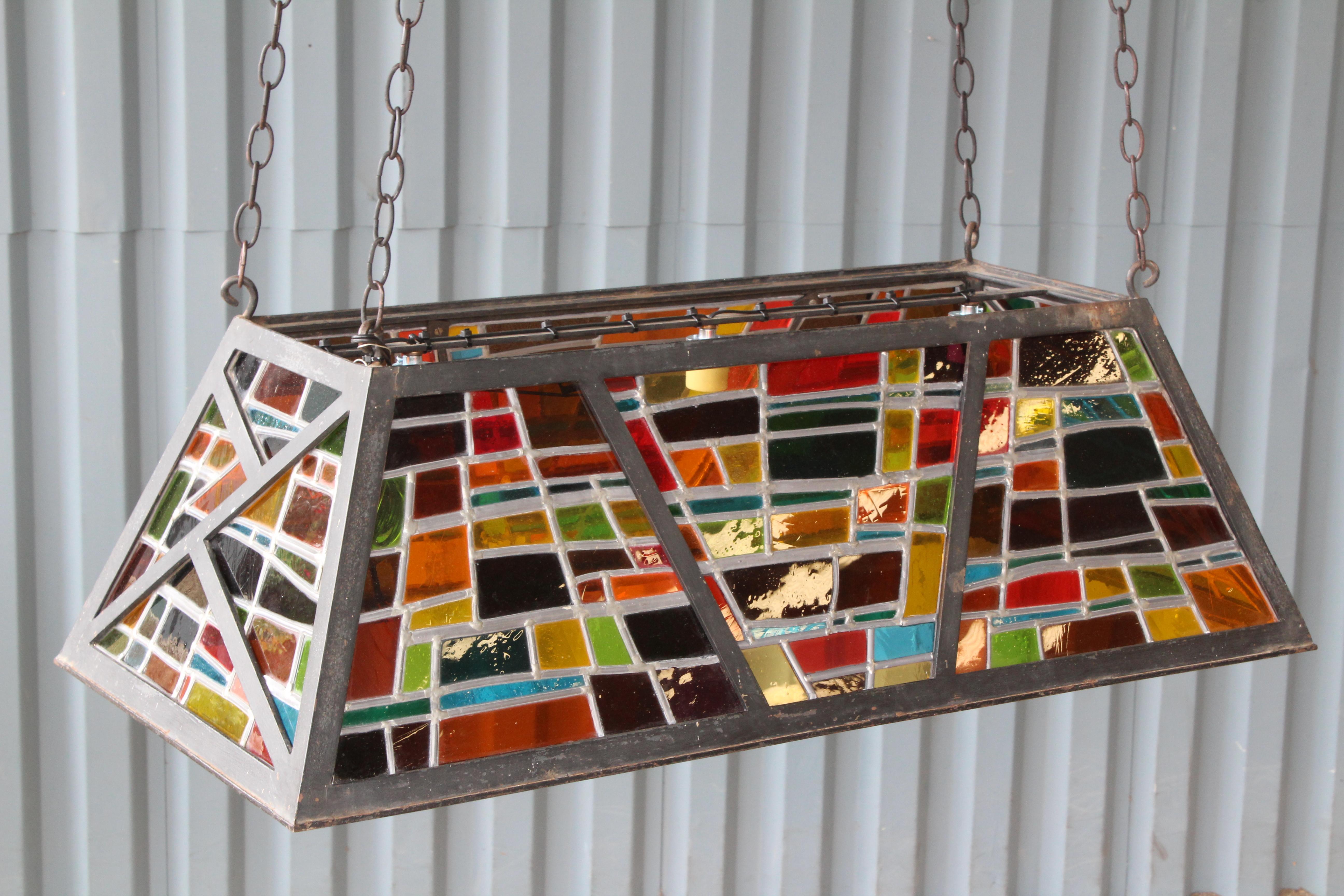 Iron Hanging Billiard Light with Stained Glass Panels, France, 1960s 3