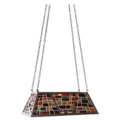 Iron Hanging Billiard Light with Stained Glass Panels, France, 1960s
