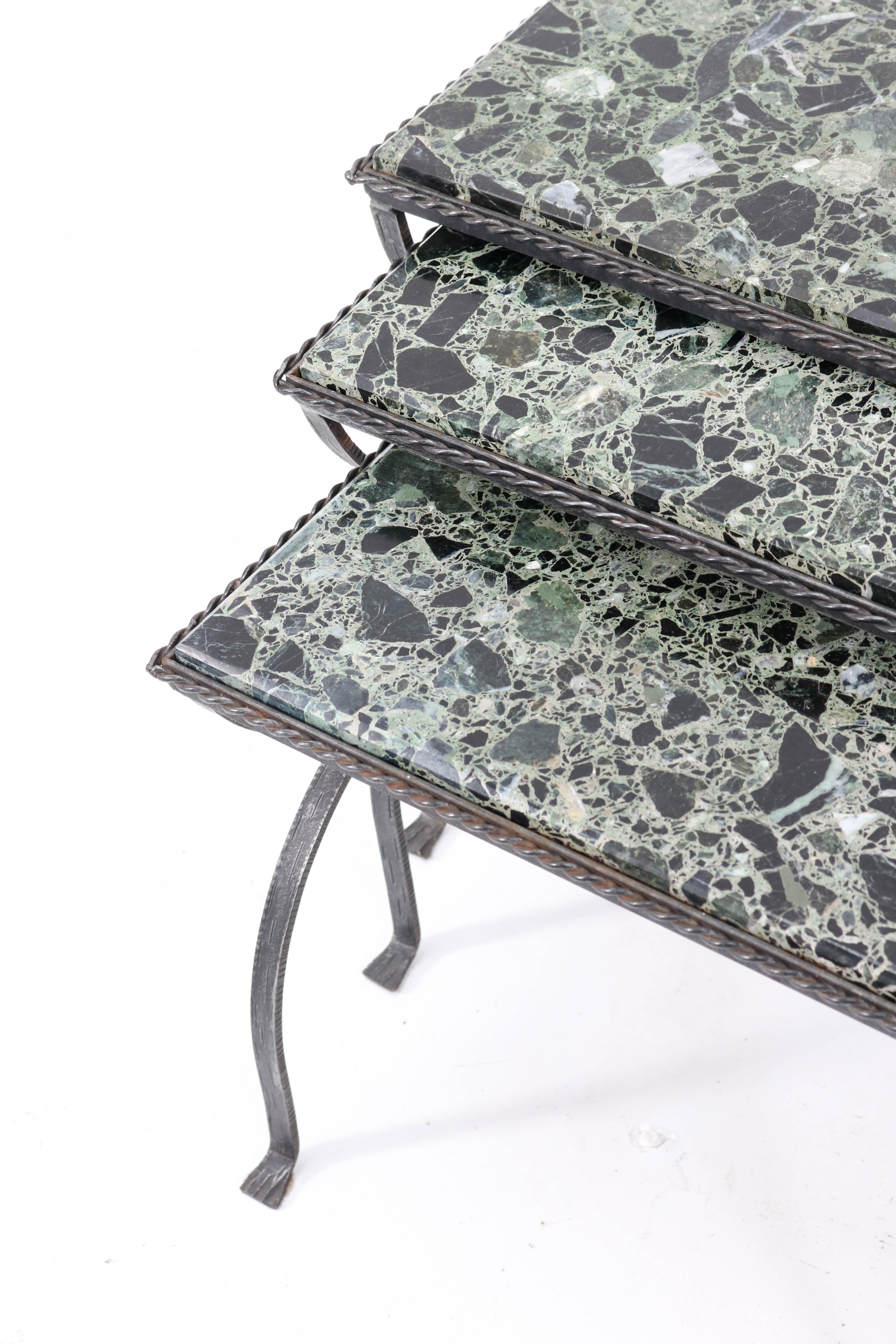 Iron Hollywood Regency Nesting Tables with Onyx Tops For Sale 5