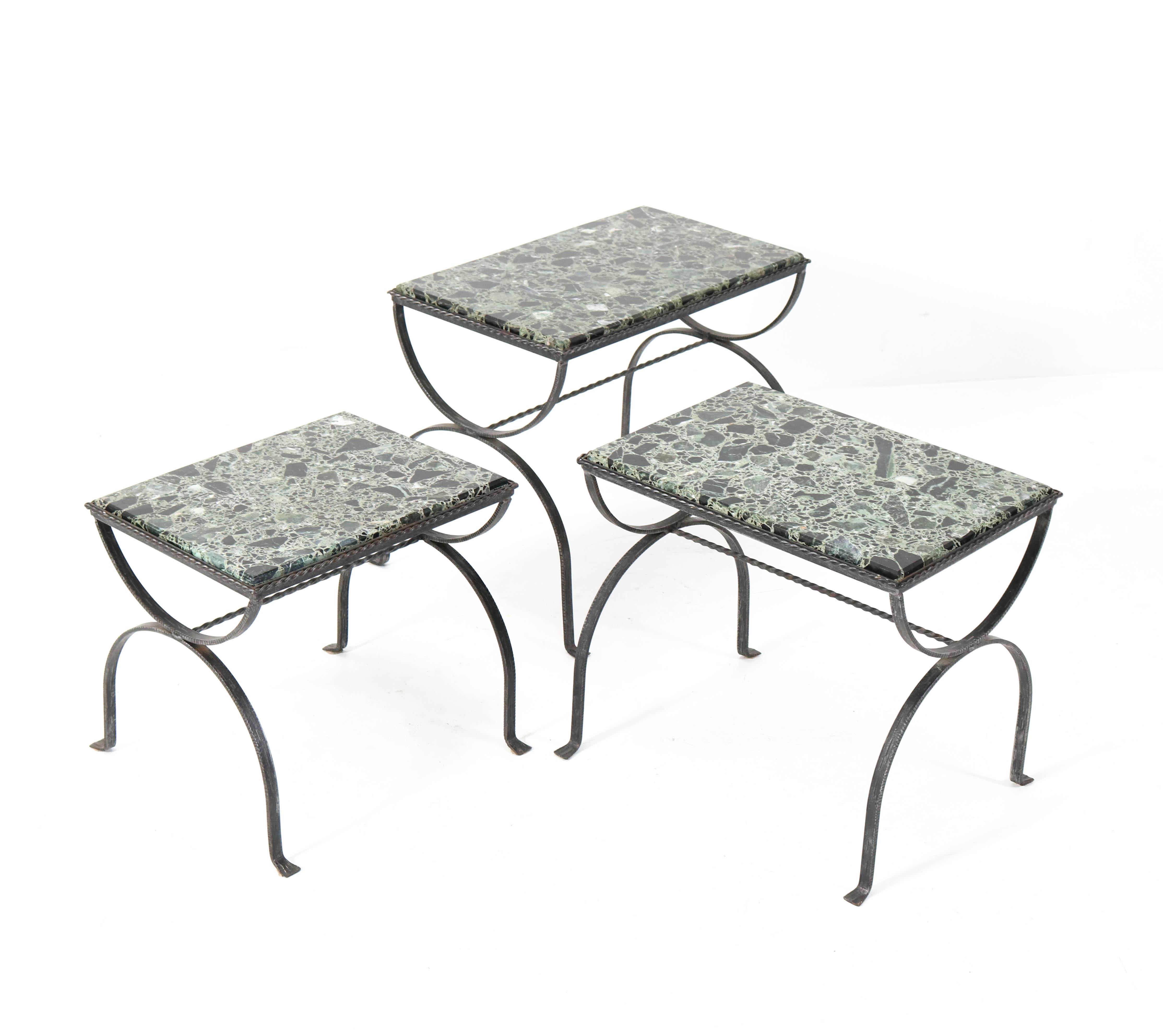French Iron Hollywood Regency Nesting Tables with Onyx Tops For Sale