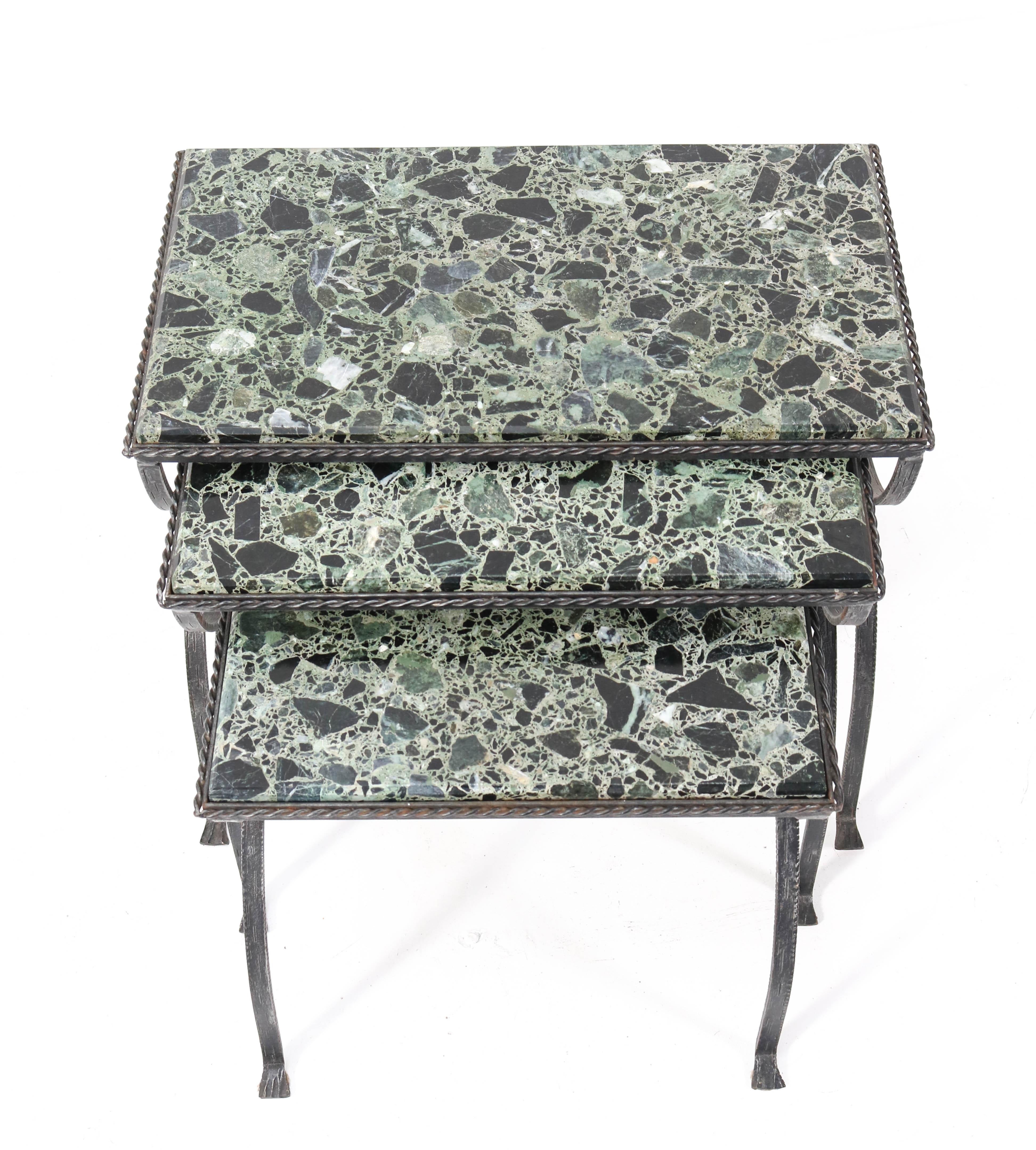 Late 20th Century Iron Hollywood Regency Nesting Tables with Onyx Tops For Sale
