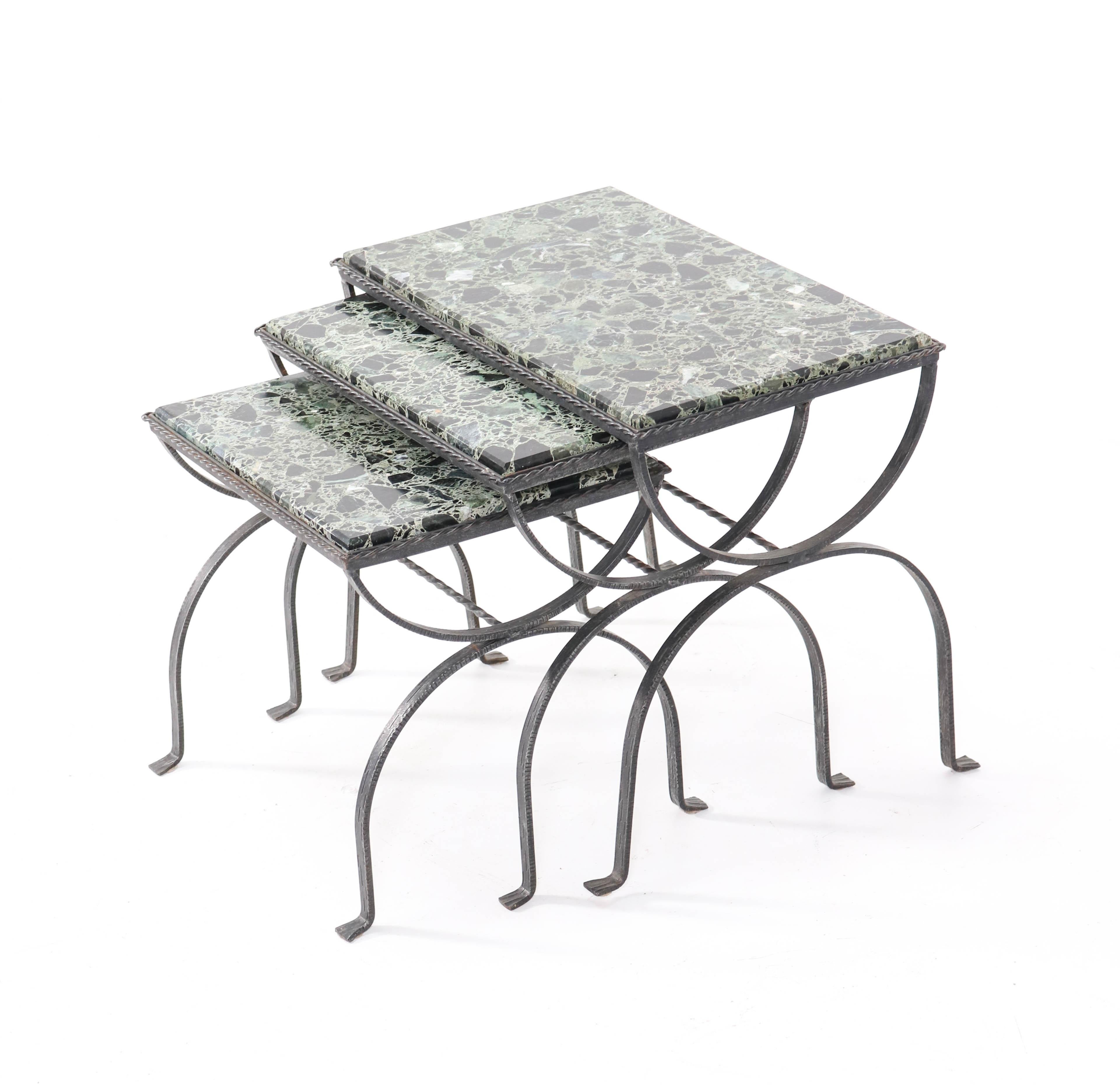 Iron Hollywood Regency Nesting Tables with Onyx Tops For Sale 1