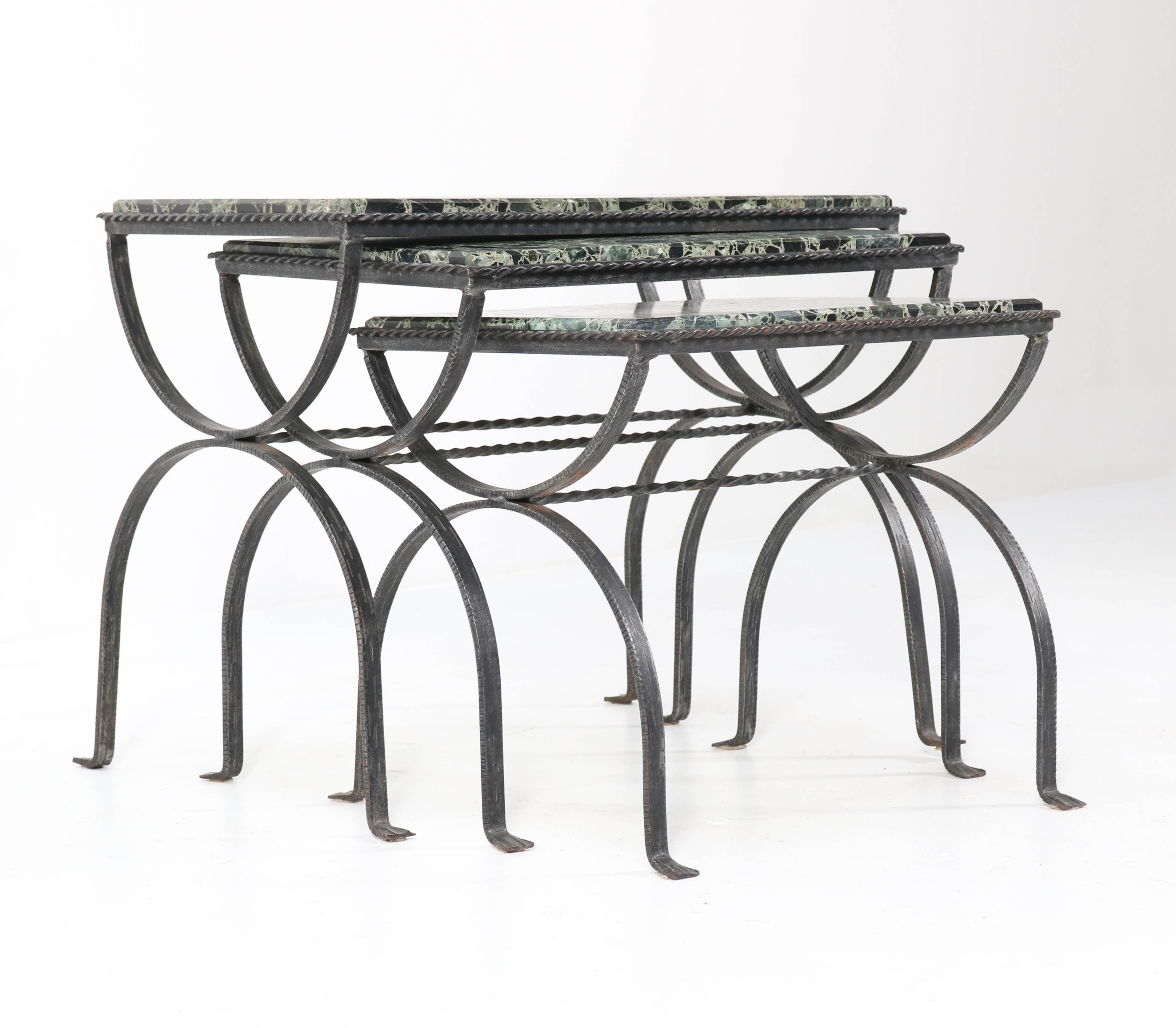 Iron Hollywood Regency Nesting Tables with Onyx Tops For Sale 2