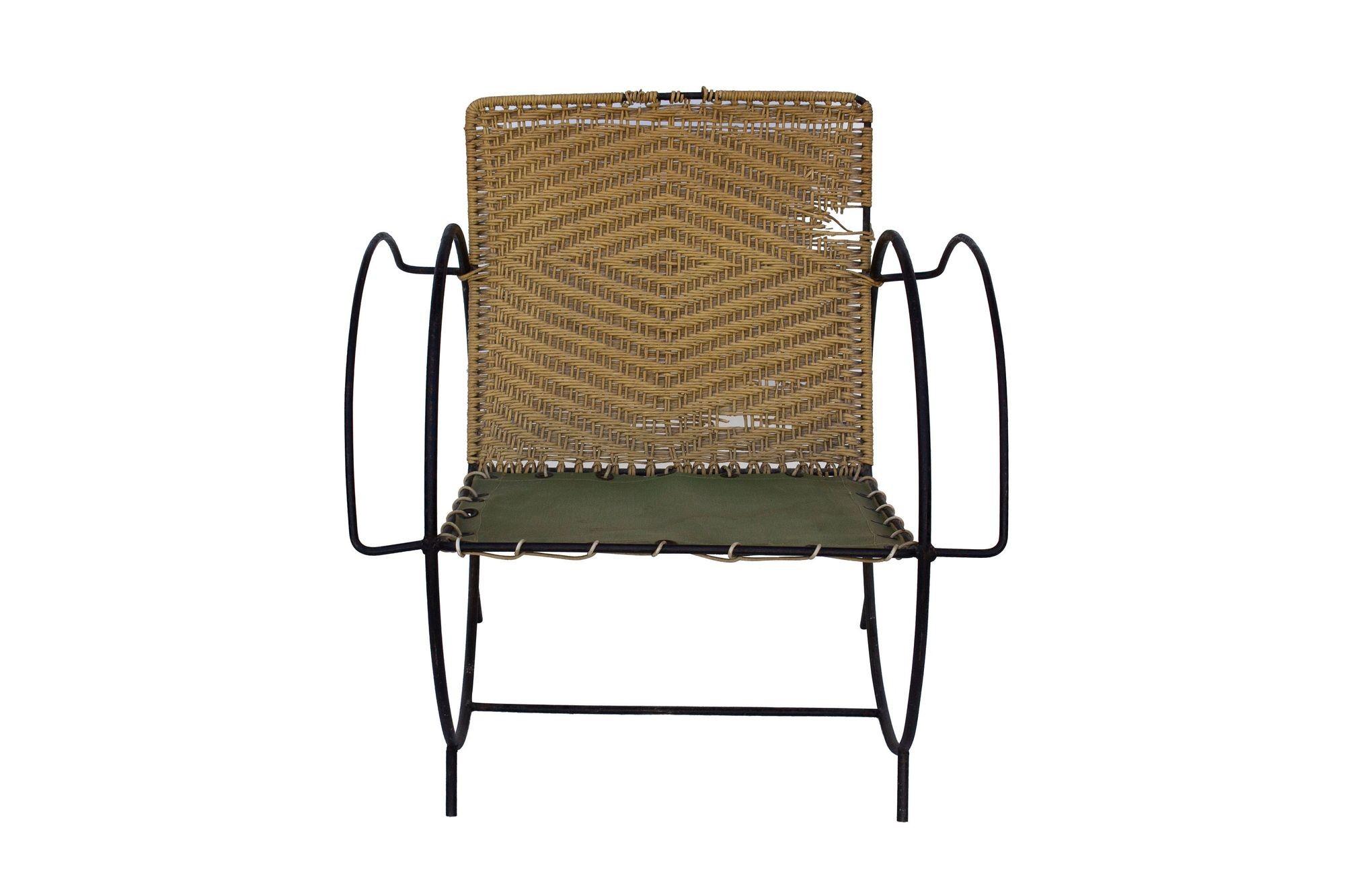 American Iron Hoop Chair with Canvas Seat and Wicker Back- Unknown Designer For Sale