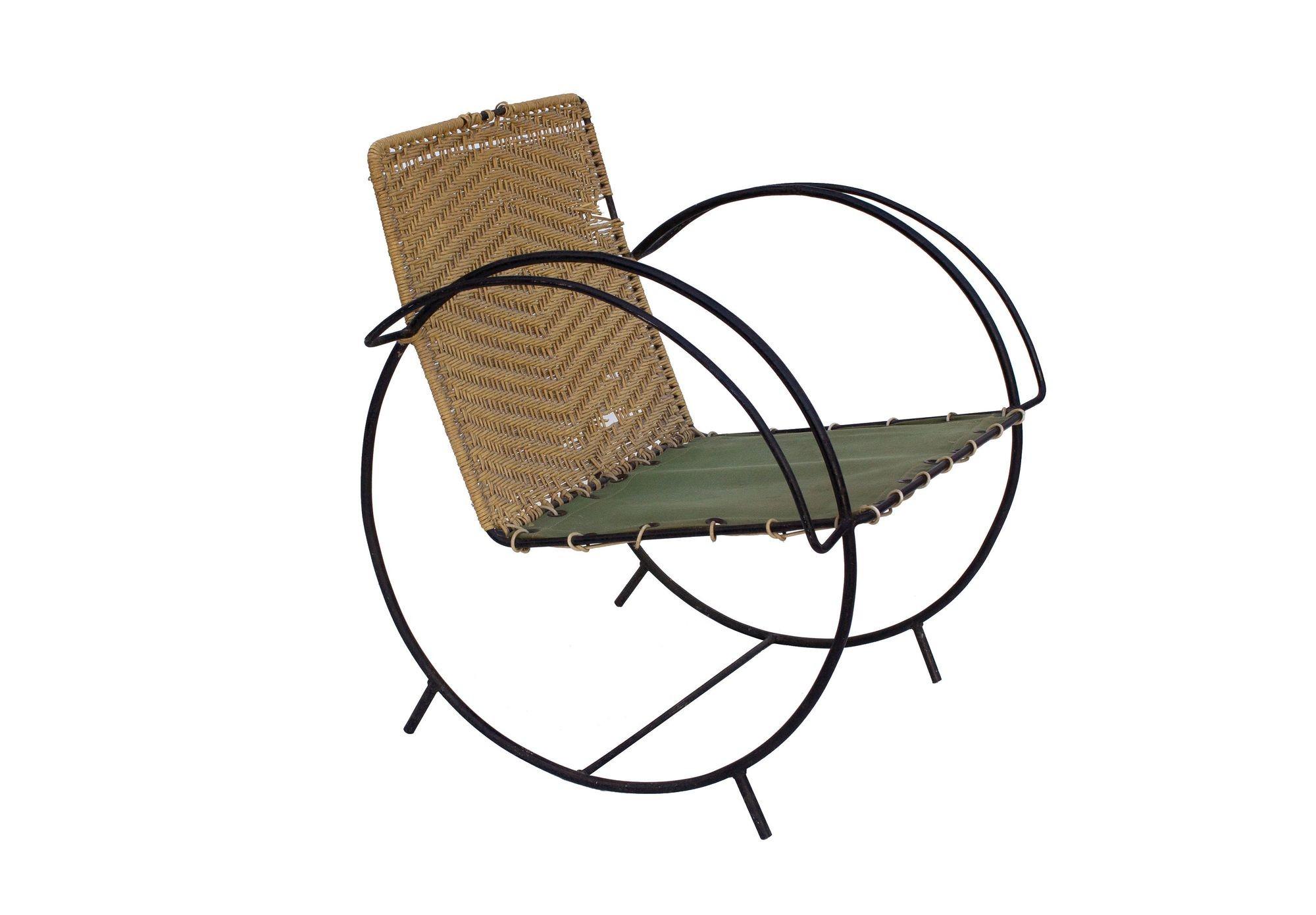 Iron Hoop Chair with Canvas Seat and Wicker Back- Unknown Designer In Distressed Condition For Sale In Grand Rapids, MI