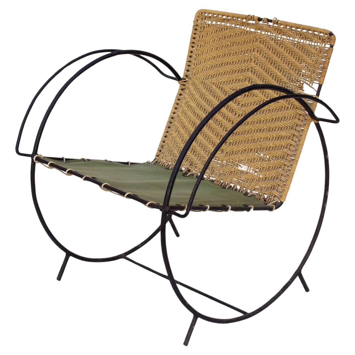 Iron Hoop Chair with Canvas Seat and Wicker Back- Unknown Designer For Sale