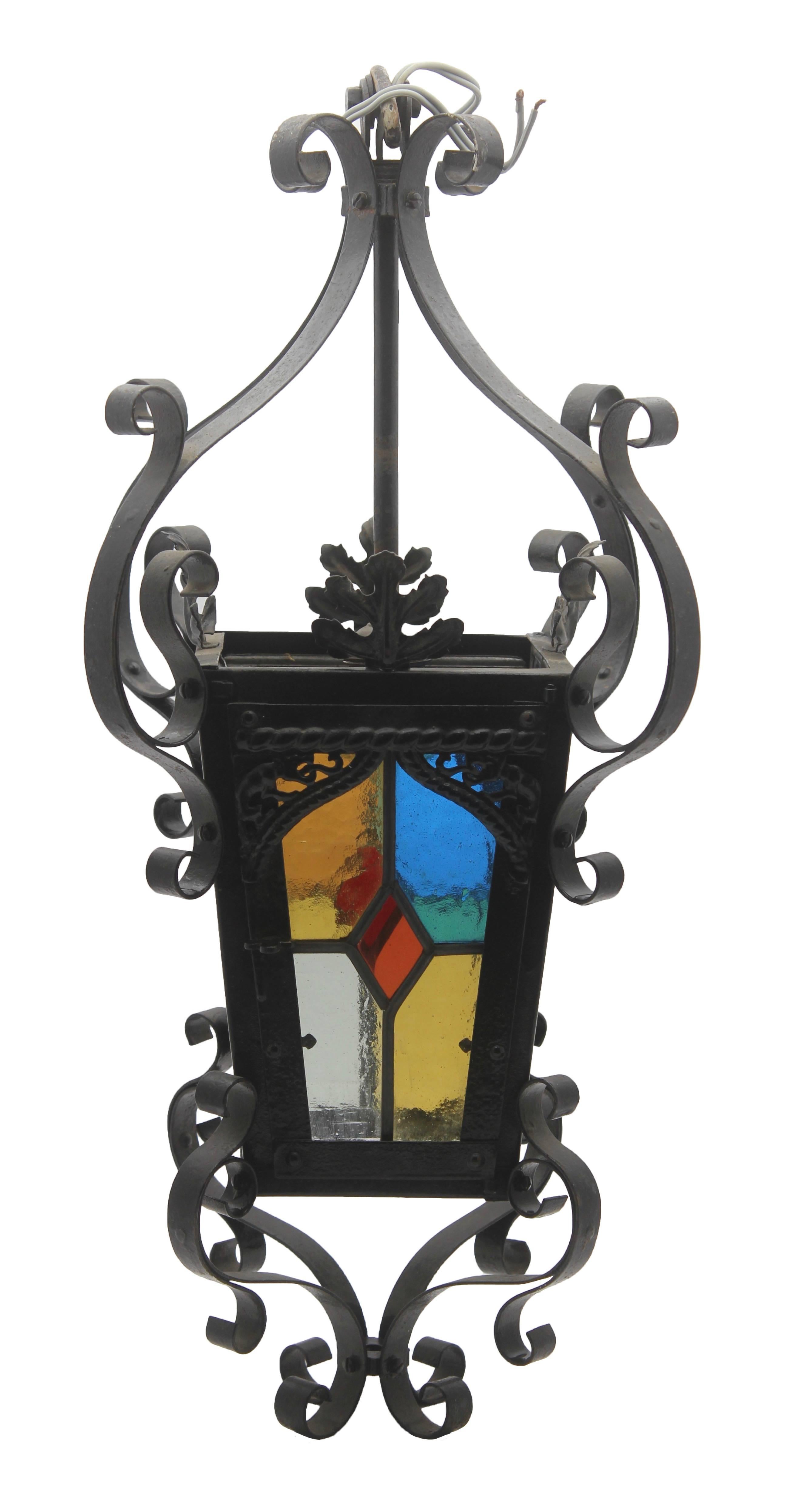 Iron Lantern French, Napoleon III Black with Stained Glass Panels, circa 1910 For Sale 4