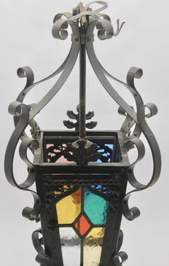 Eiserne Laterne Französisch, Napoleon III Schwarz mit Glasmalerei Panels, um 1910