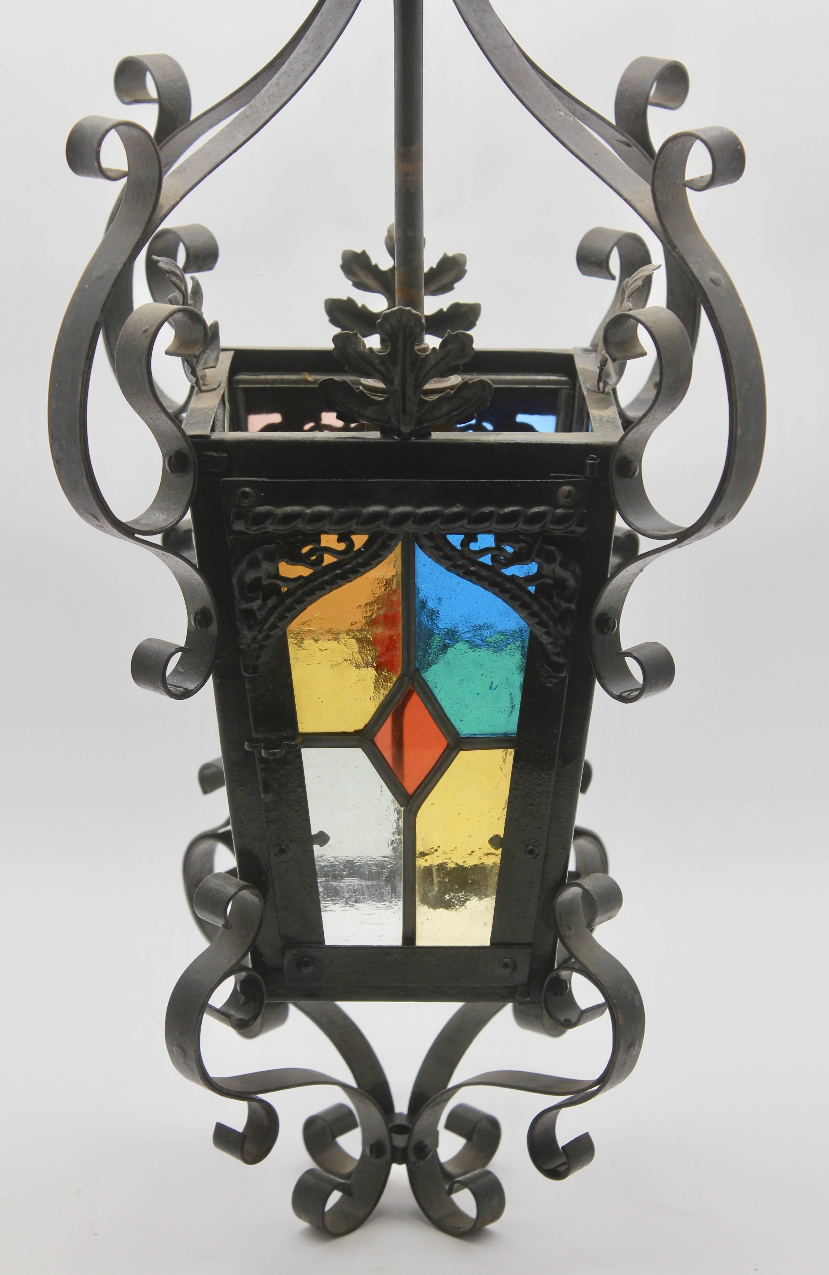 Embossed Iron Lantern French, Napoleon III Black with Stained Glass Panels, circa 1910 For Sale