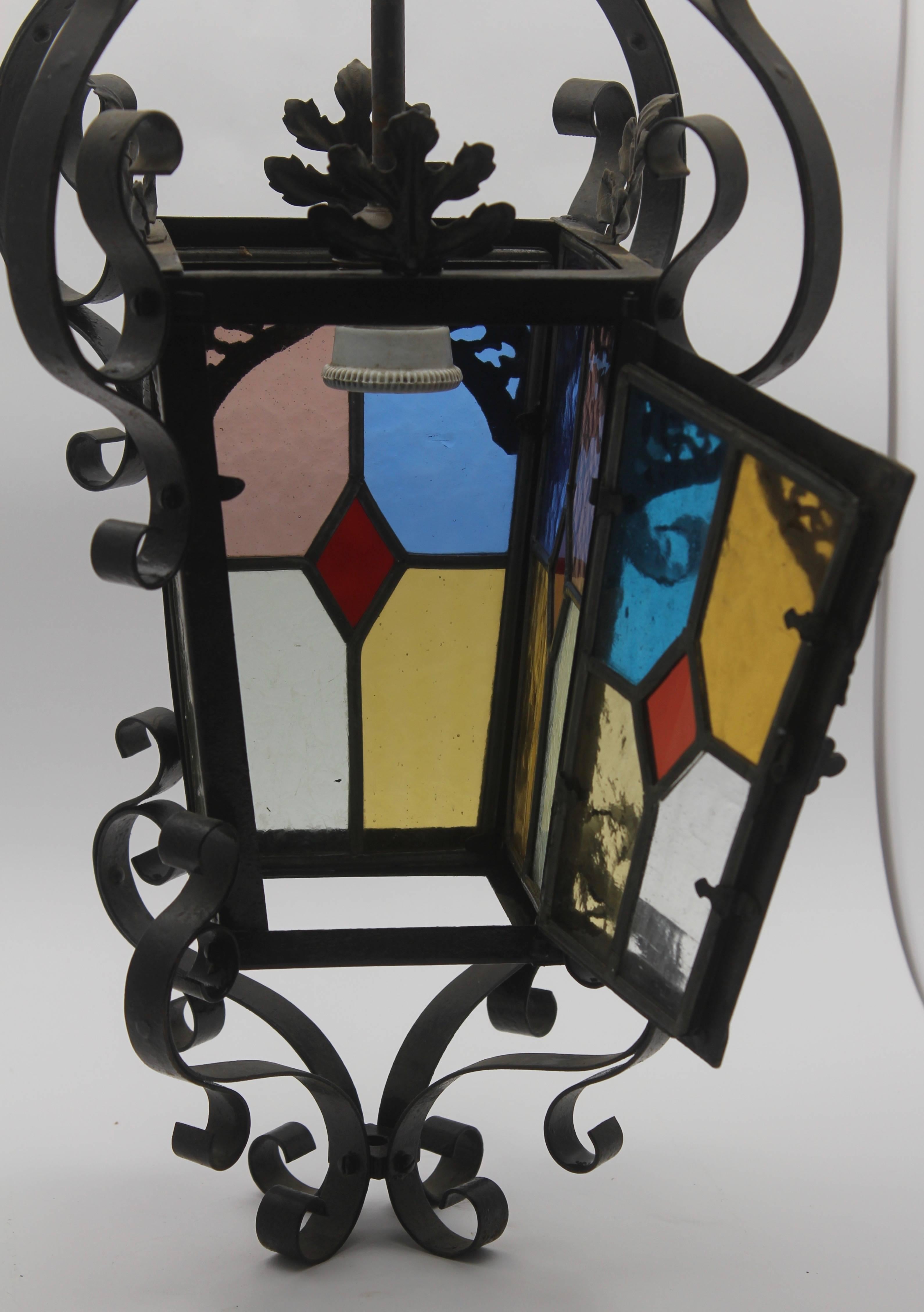 Iron Lantern French, Napoleon III Black with Stained Glass Panels, circa 1910 In Good Condition For Sale In Verviers, BE