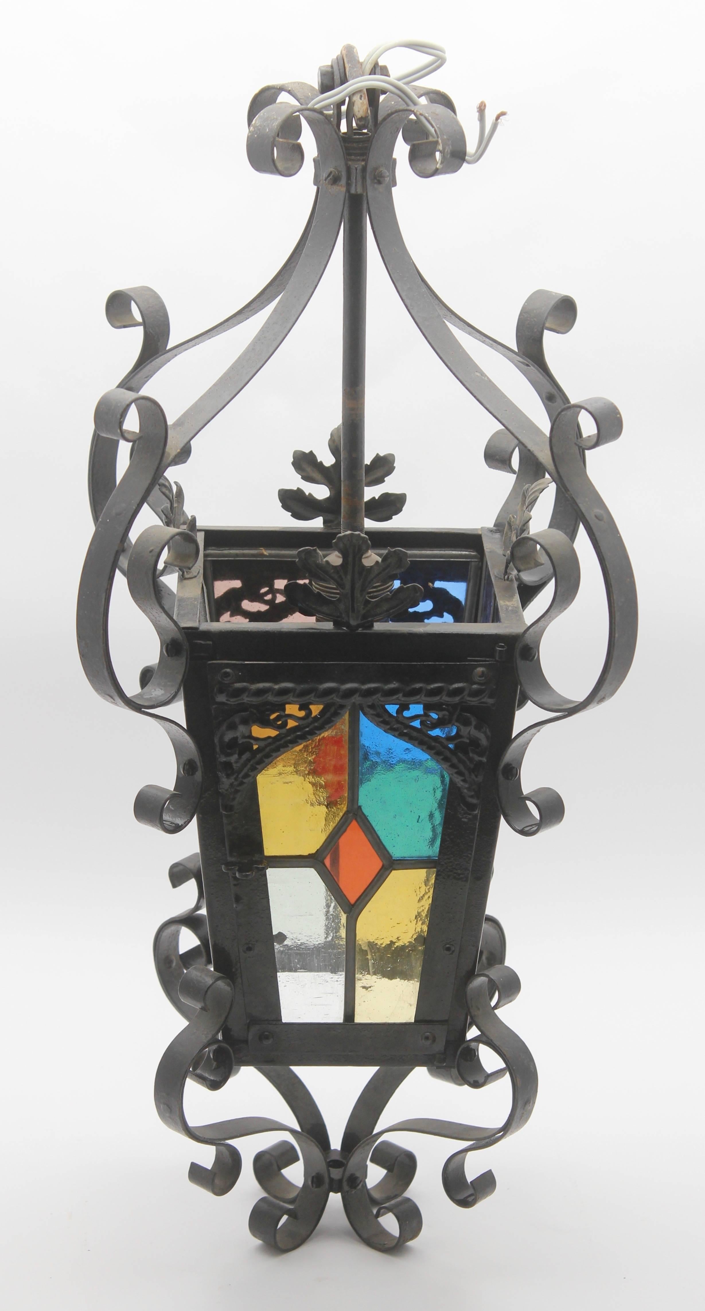 Early 20th Century Iron Lantern French, Napoleon III Black with Stained Glass Panels, circa 1910 For Sale
