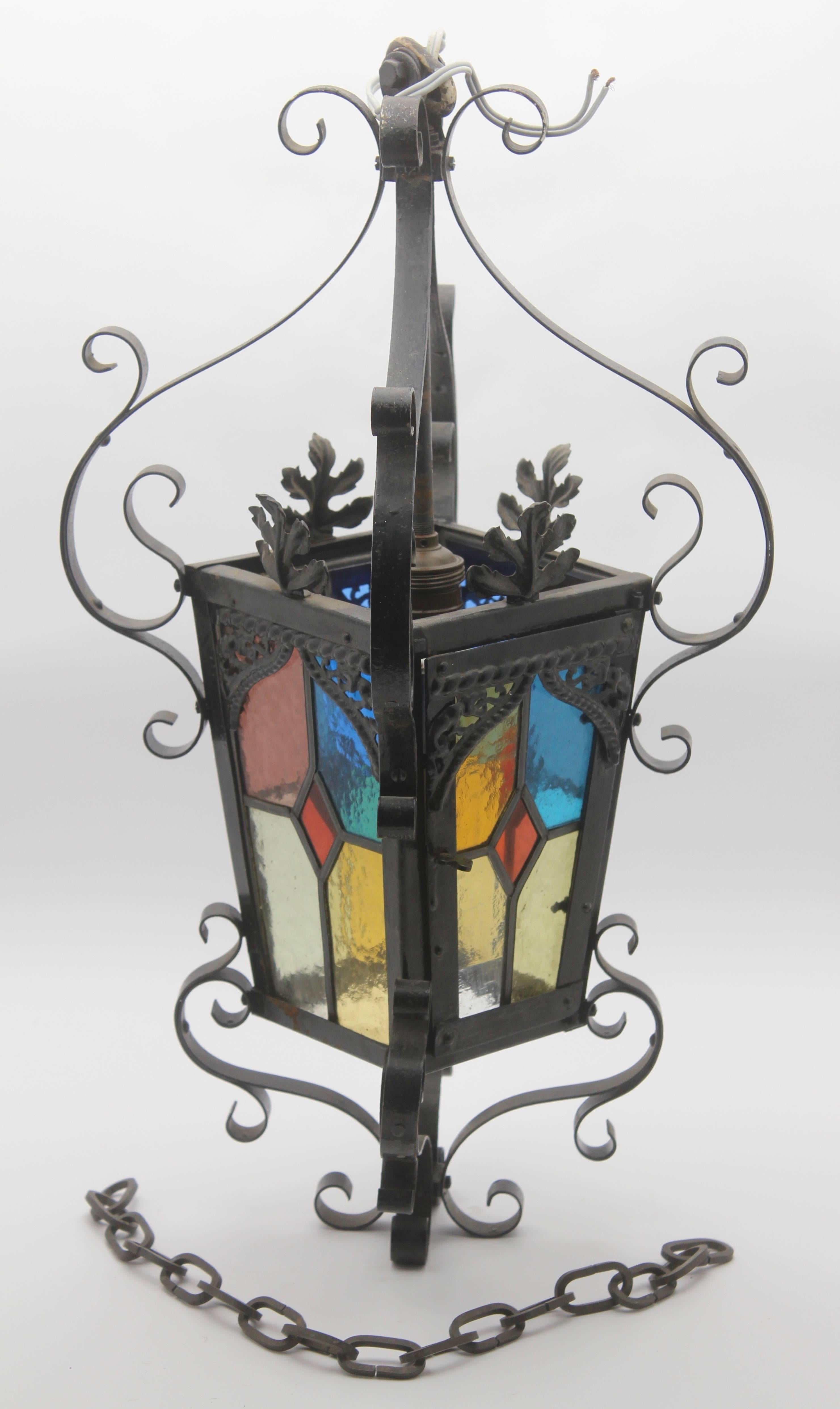 Metal Iron Lantern French, Napoleon III Black with Stained Glass Panels, circa 1910 For Sale