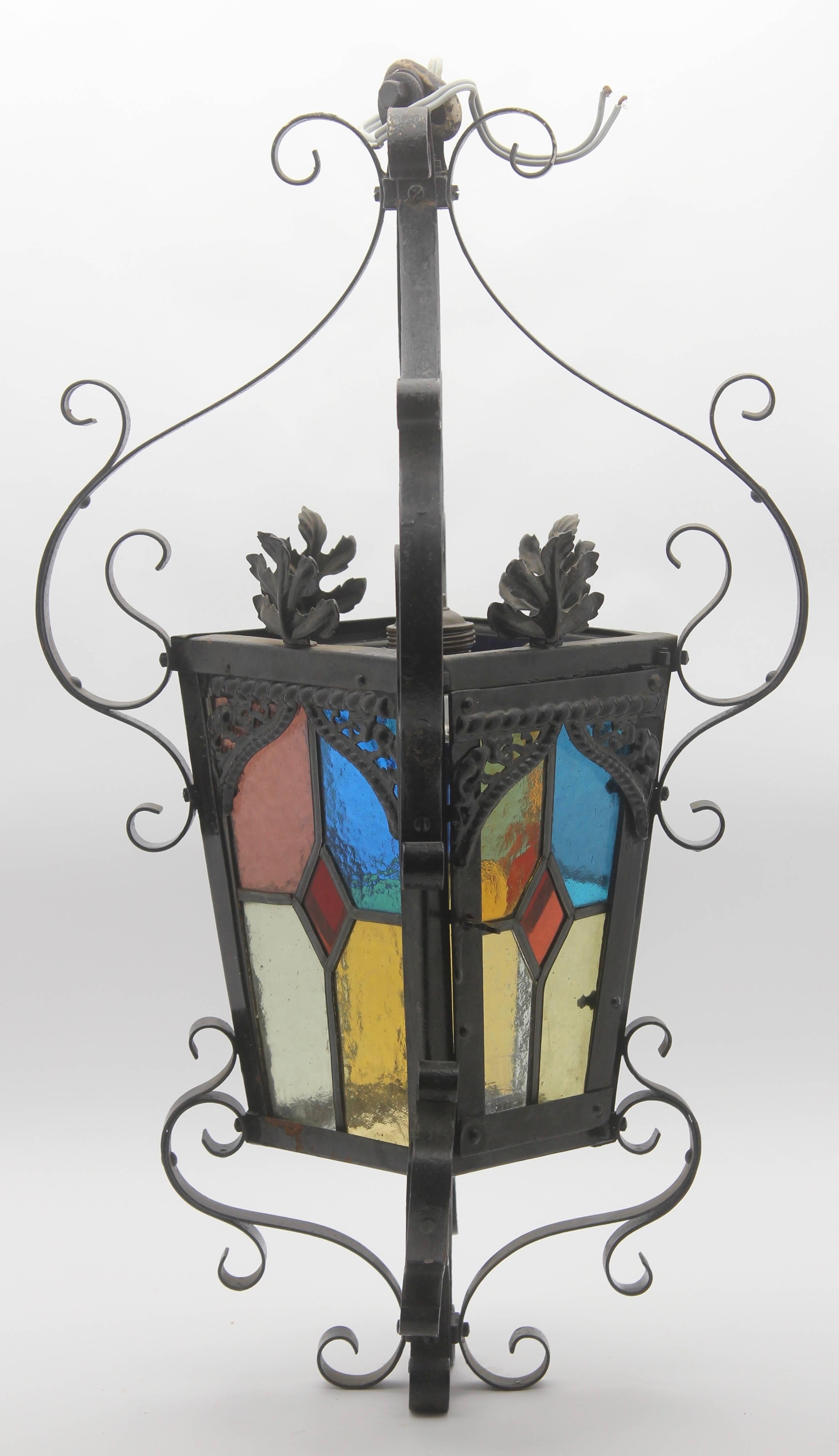 Iron Lantern French, Napoleon III Black with Stained Glass Panels, circa 1910 For Sale 1