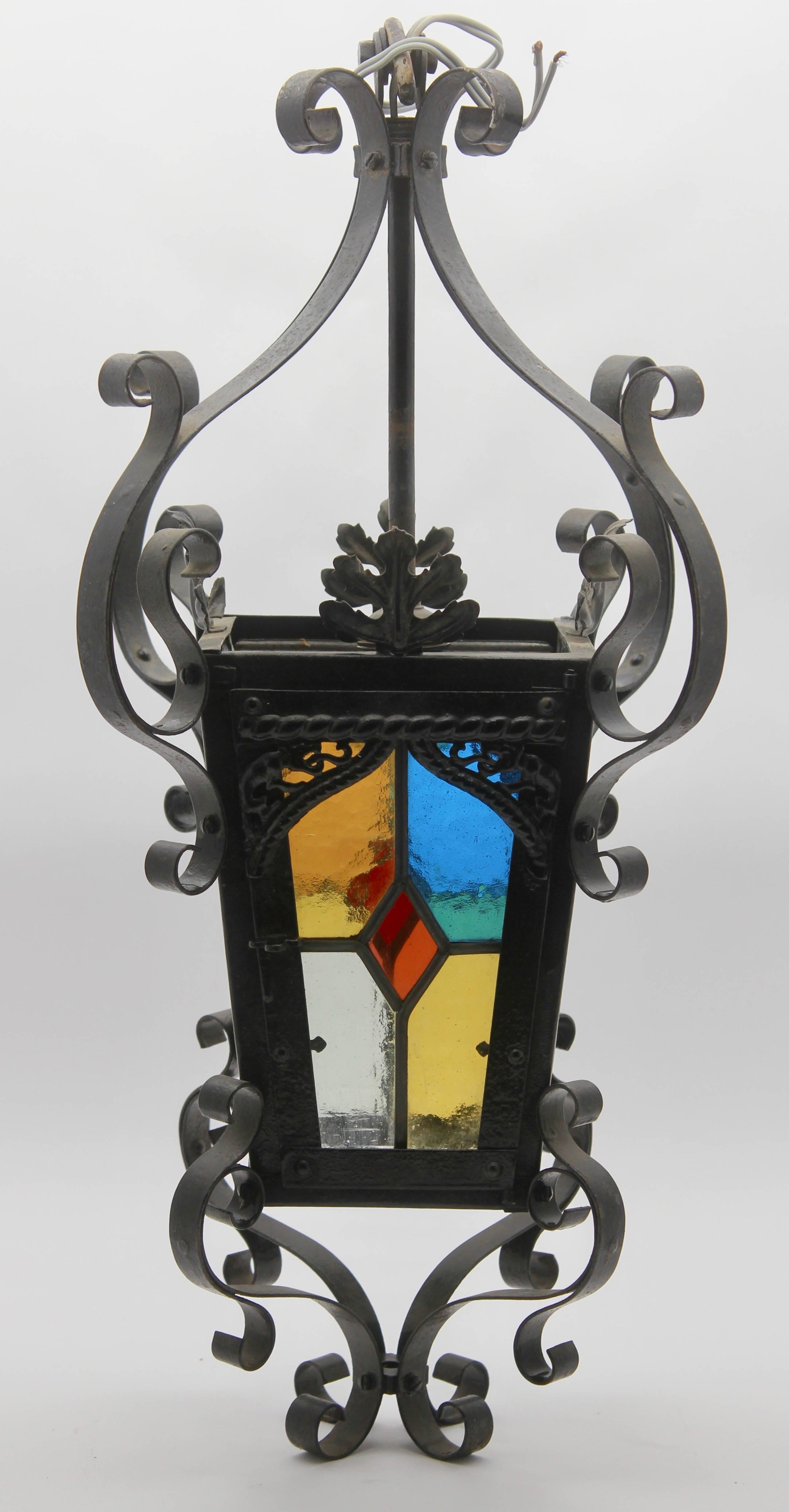 Iron Lantern French, Napoleon III Black with Stained Glass Panels, circa 1910 For Sale 2