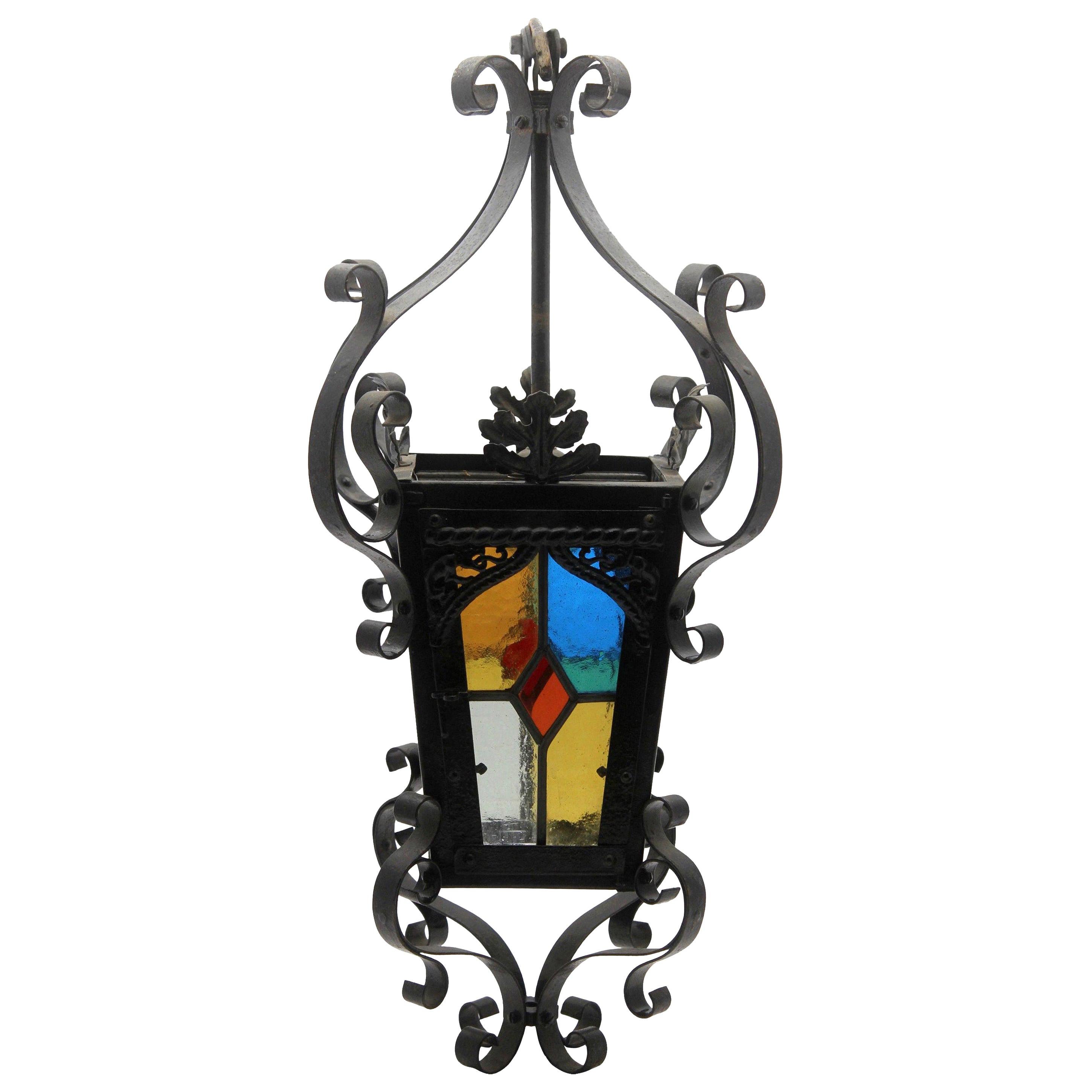 Iron Lantern French, Napoleon III Black with Stained Glass Panels, circa 1910