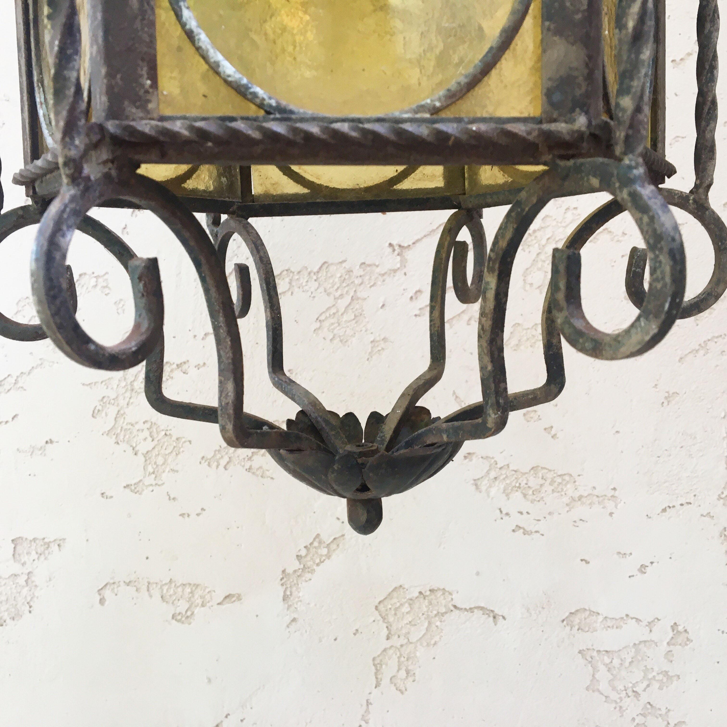 Arts and Crafts Iron Lantern with Stained Glass, circa 1940