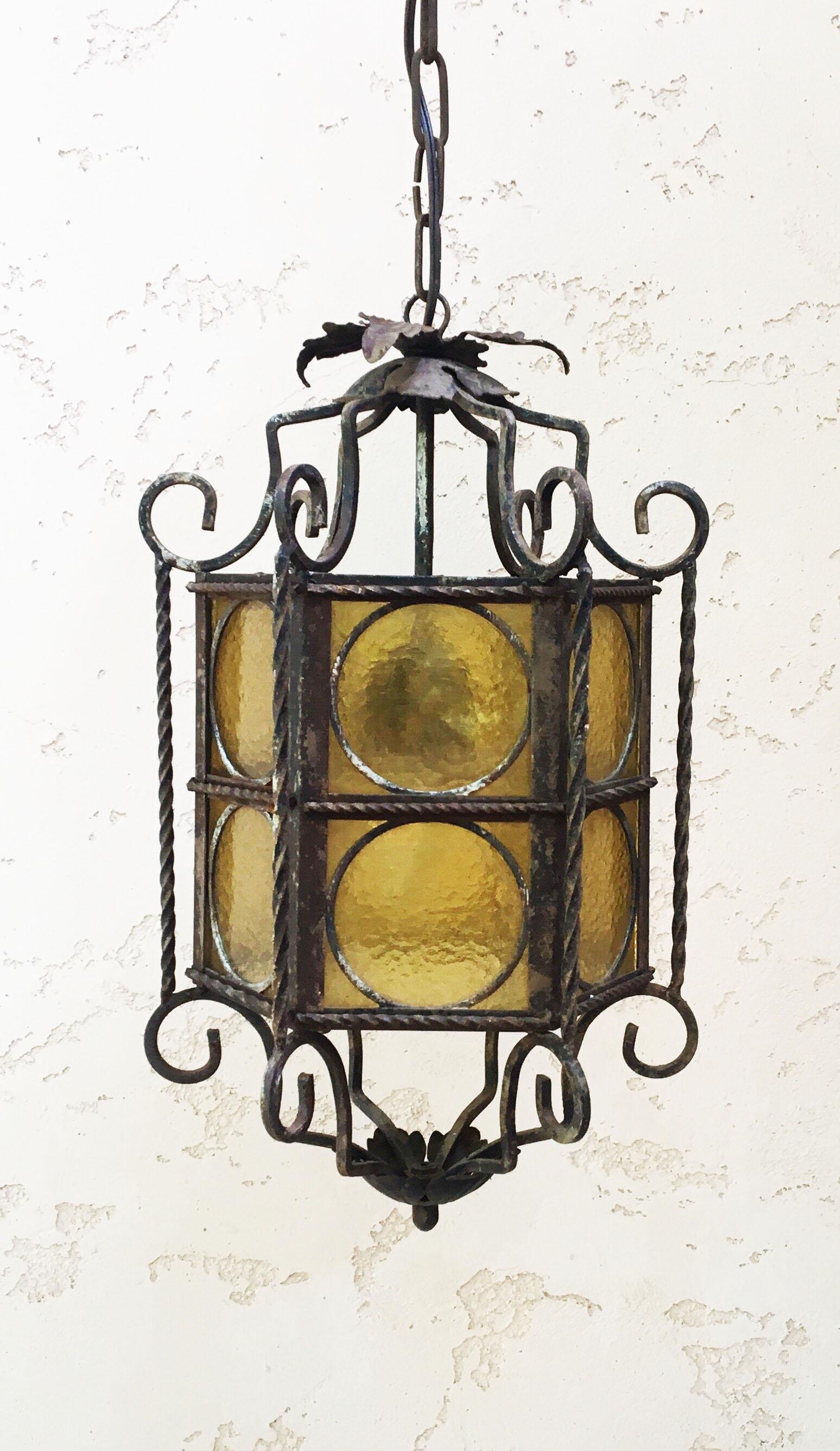 French Iron Lantern with Stained Glass, circa 1940