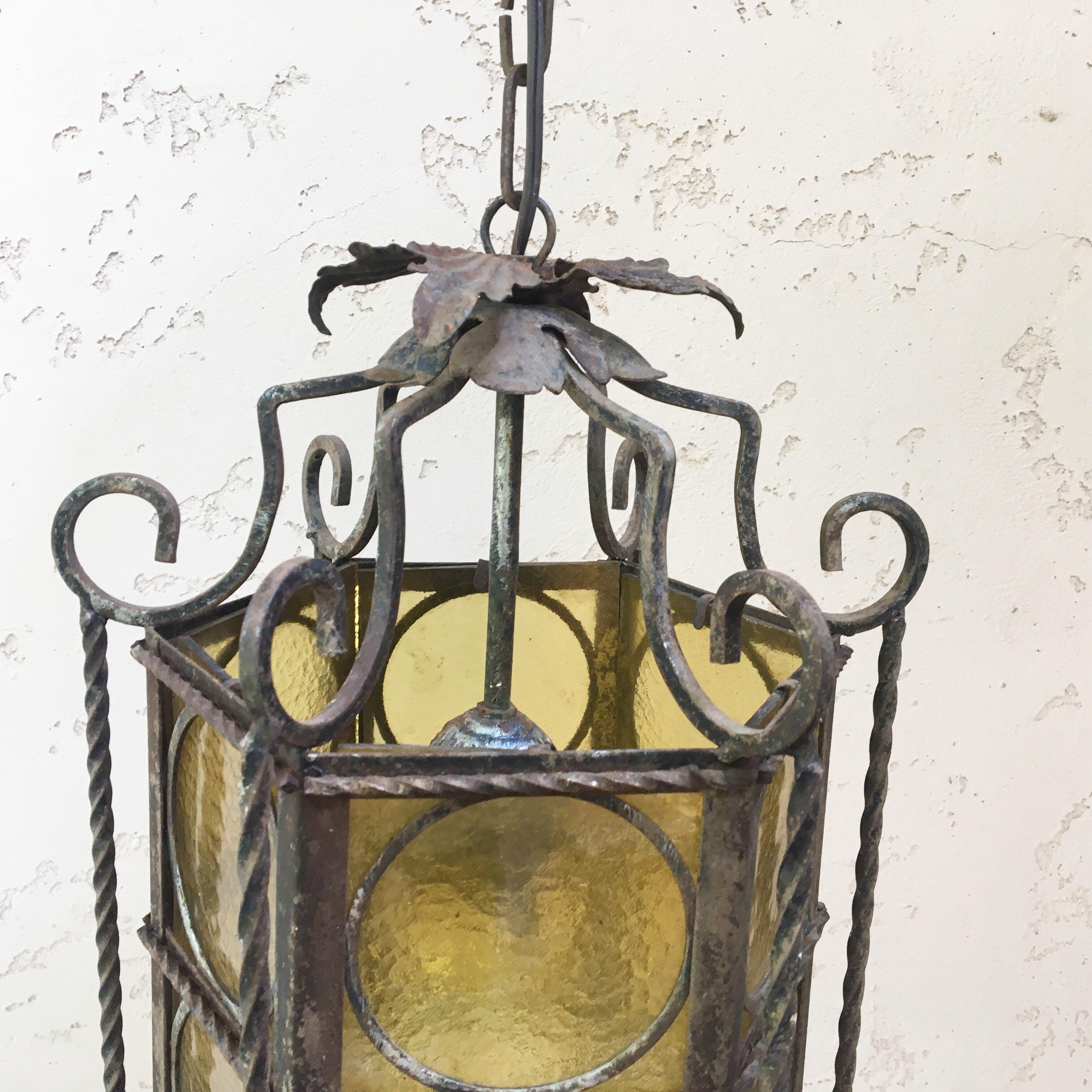 Iron Lantern with Stained Glass, circa 1940 In Good Condition In Austin, TX