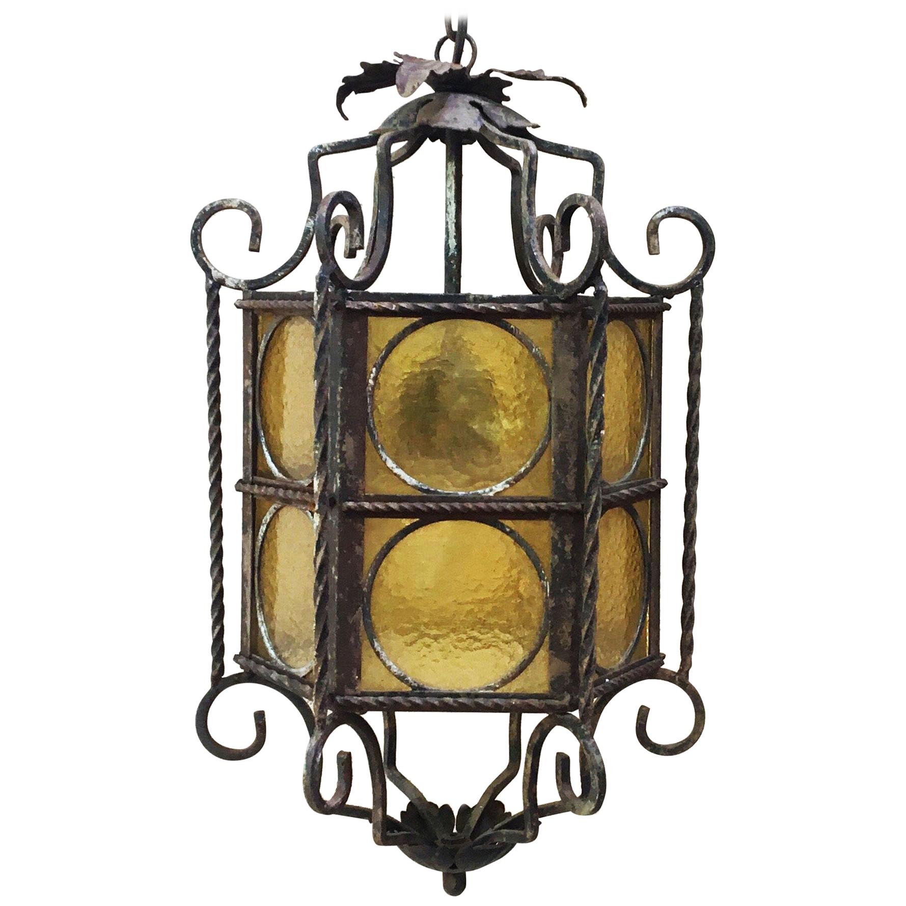 Iron Lantern with Stained Glass, circa 1940