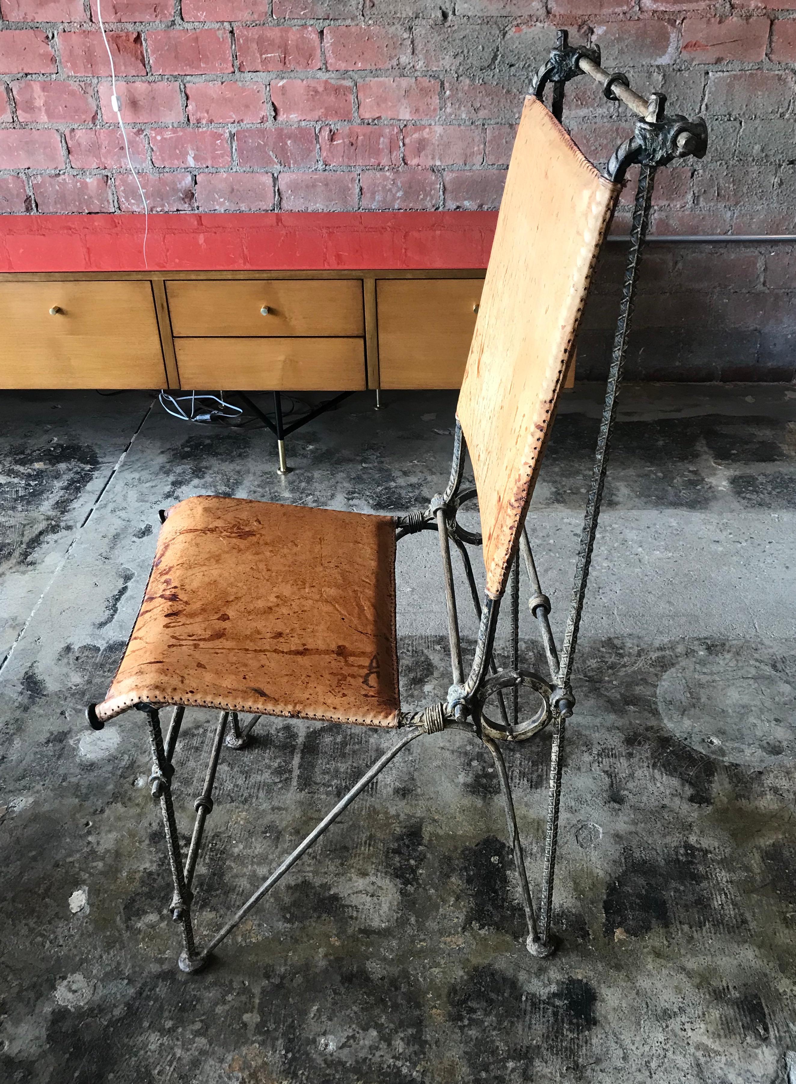 North American Iron & Leather Brutalist Dining Chair, Attributed to Ilana Goor For Sale