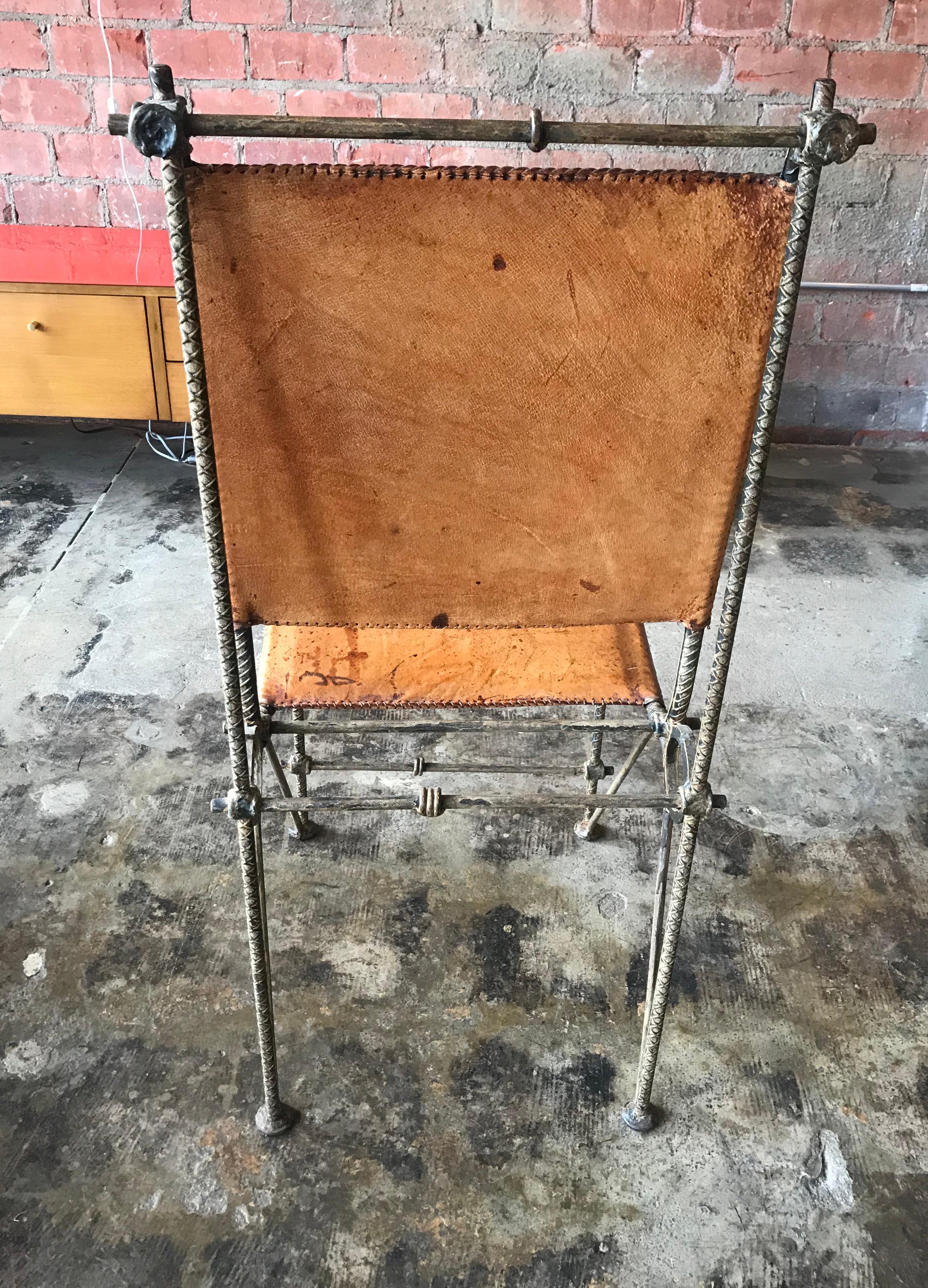 Iron & Leather Brutalist Dining Chair, Attributed to Ilana Goor In Fair Condition For Sale In Los Angeles, CA