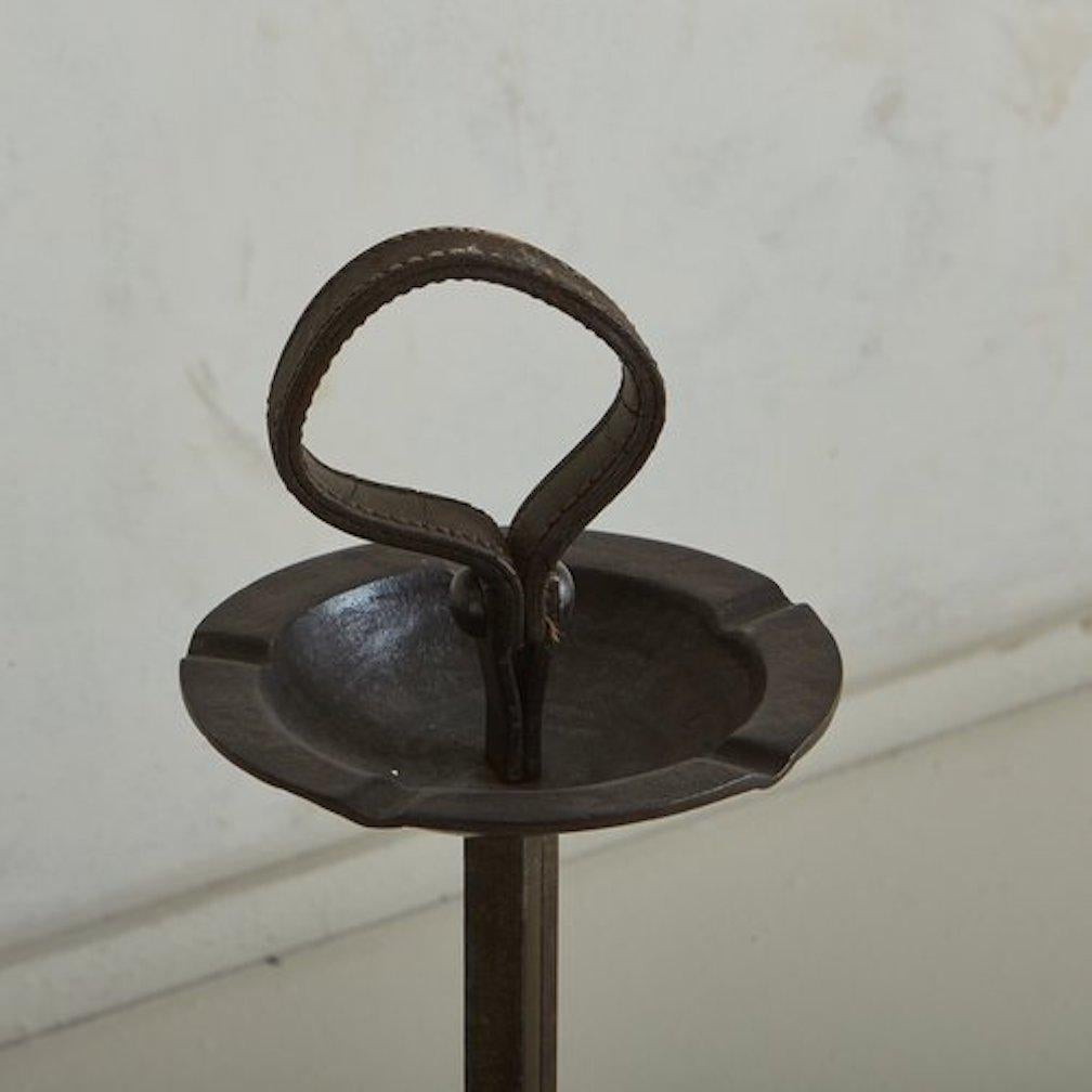 Mid-Century Modern Iron + Leather Standing Catchall by Jean-Pierre Ryckaert, France 1950s