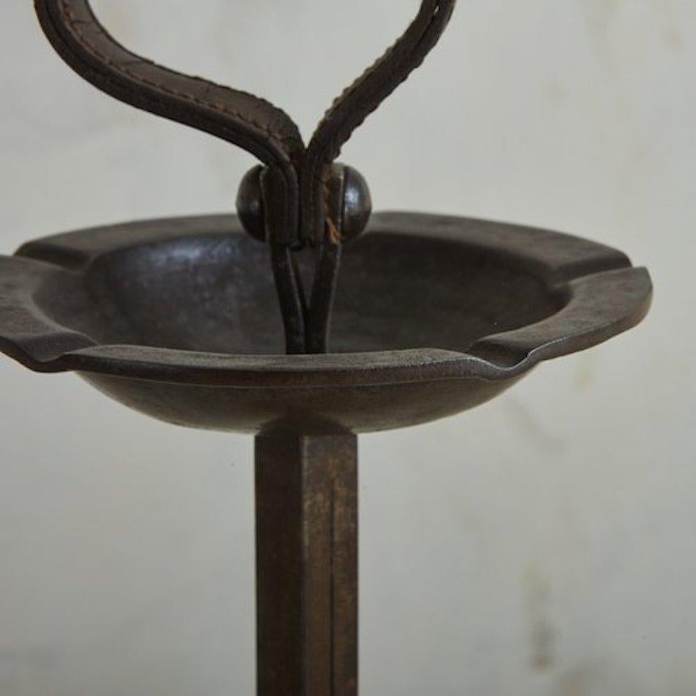 French Iron + Leather Standing Catchall by Jean-Pierre Ryckaert, France 1950s