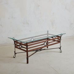Iron + Leatherette Coffee Table with Glass Top in the Style of Jacques Adnet