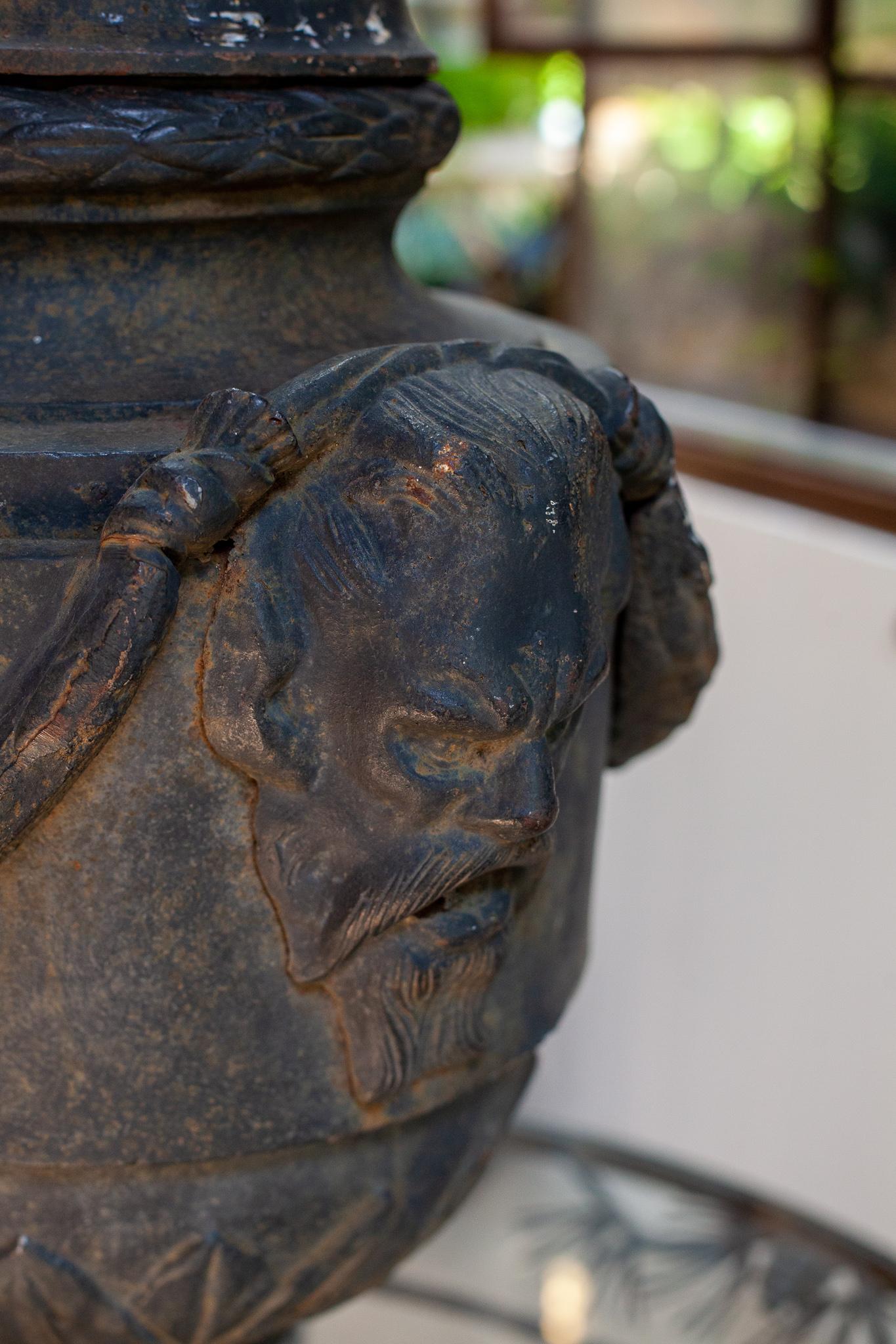 English Iron Lidded Finial with Classical Grotesque Cartouches in the Style of Adam For Sale