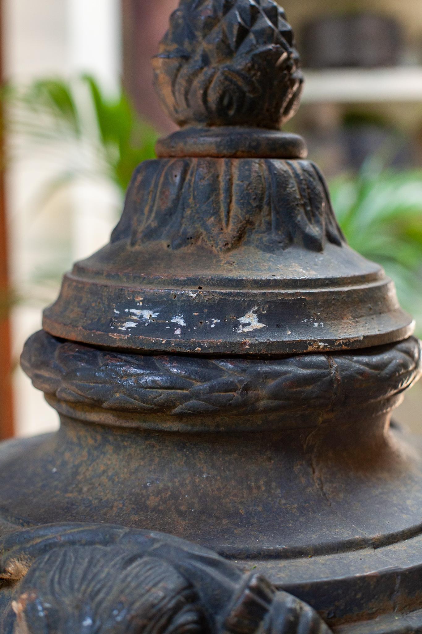 Cast Iron Lidded Finial with Classical Grotesque Cartouches in the Style of Adam For Sale