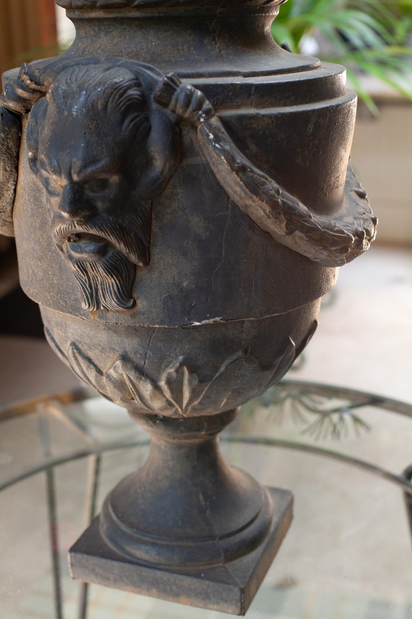 Iron Lidded Finial with Classical Grotesque Cartouches in the Style of Adam In Good Condition For Sale In Bloomfield Hills, MI