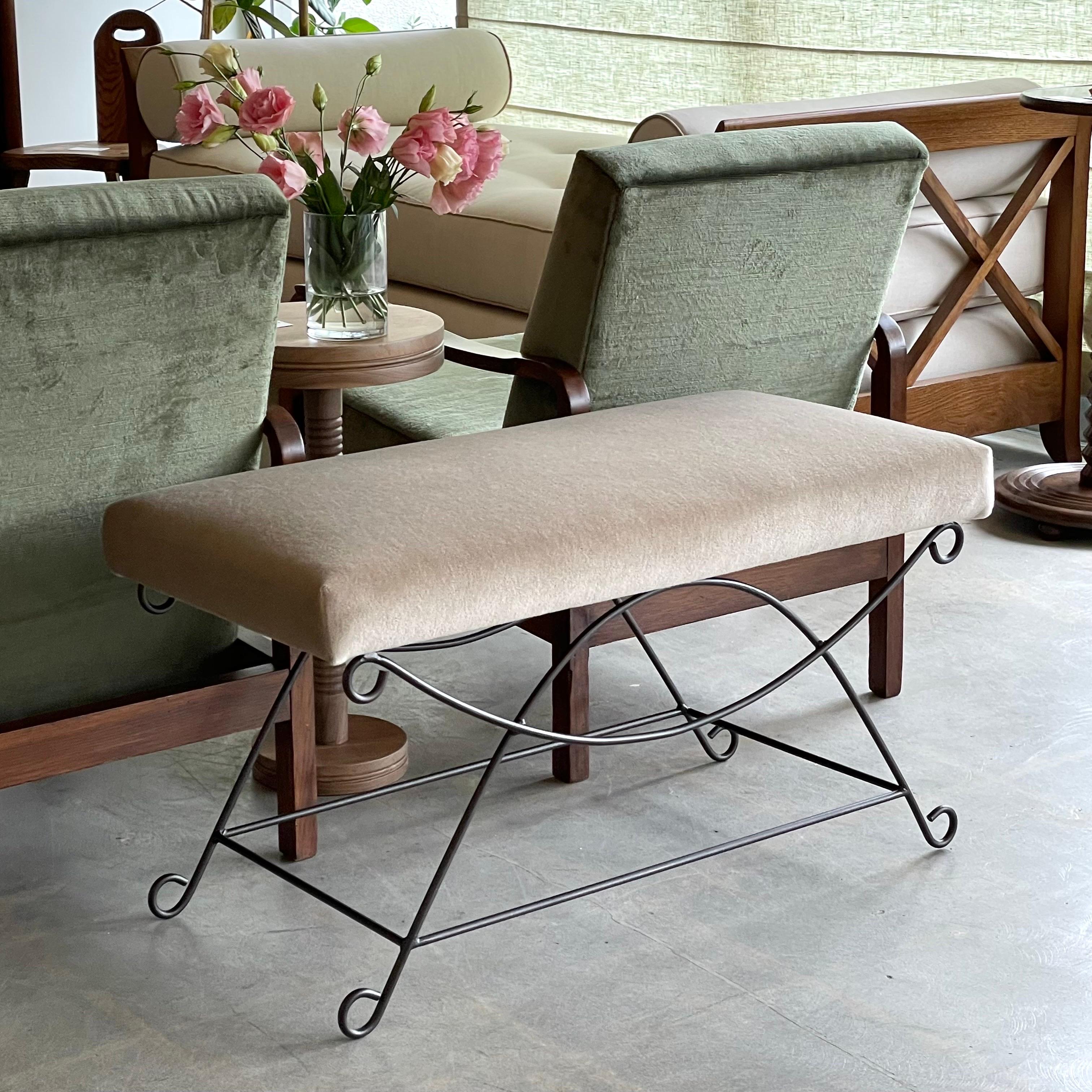 American Panoplie Iron Loop Bench, Brown Mohair For Sale