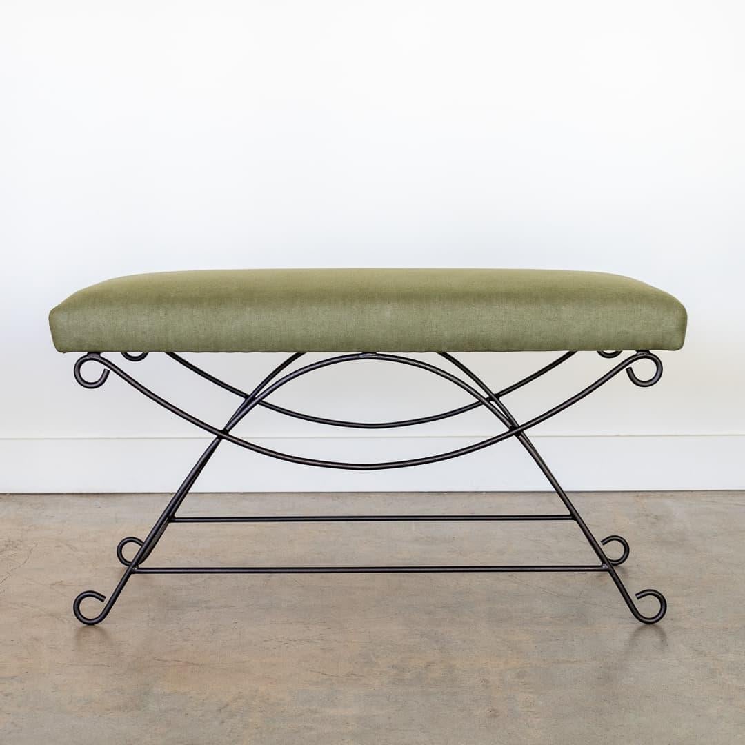Panoplie Iron Loop Bench, Green Linen In New Condition For Sale In Los Angeles, CA